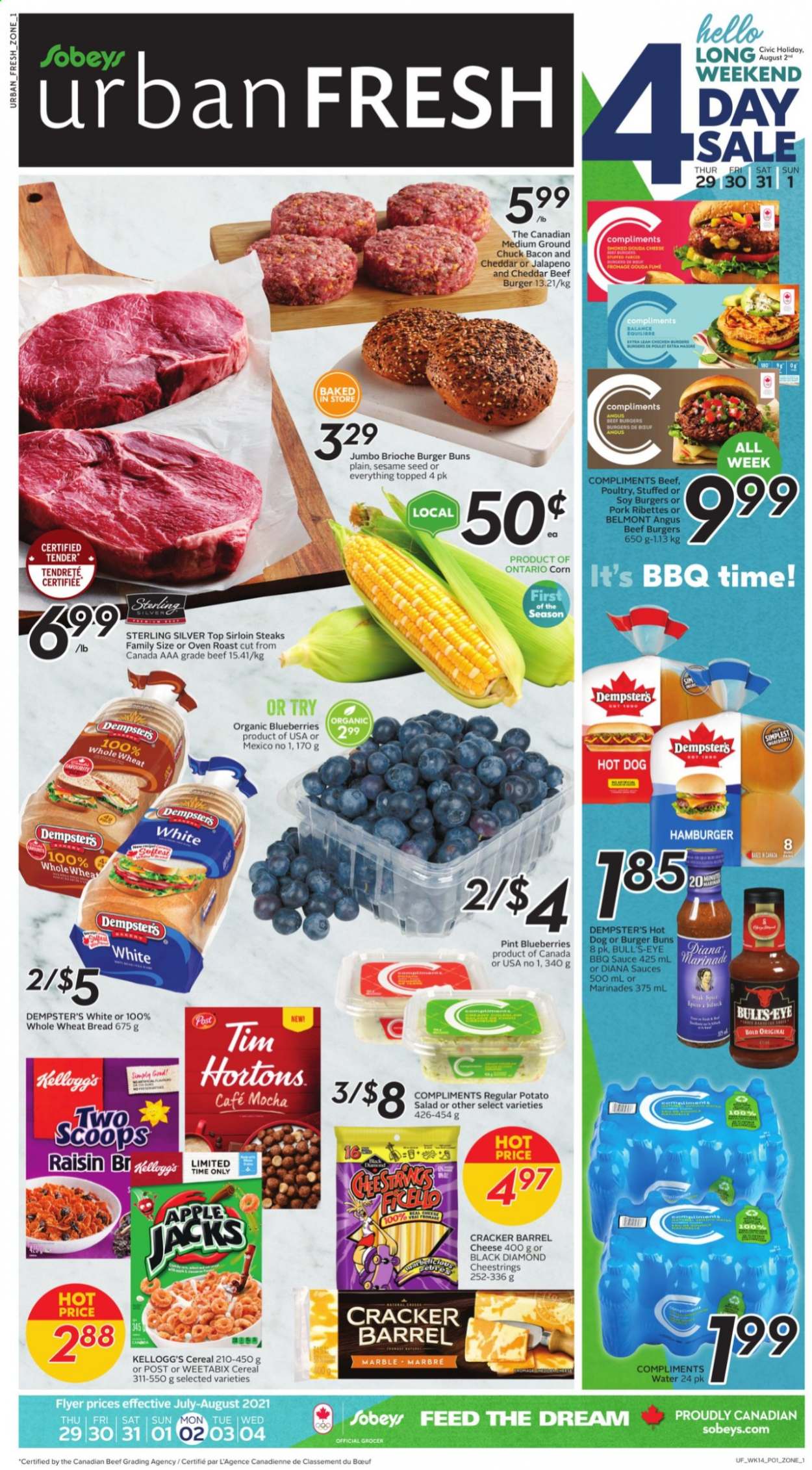 thumbnail - Sobeys Urban Fresh Flyer - July 29, 2021 - August 04, 2021 - Sales products - wheat bread, buns, burger buns, brioche, corn, blueberries, hot dog, beef burger, bacon, potato salad, gouda, string cheese, cheddar, cheese, crackers, Kellogg's, sesame seed, cereals, Weetabix, spice, BBQ sauce, marinade, beef meat, ground chuck, sirloin steak, steak. Page 1.