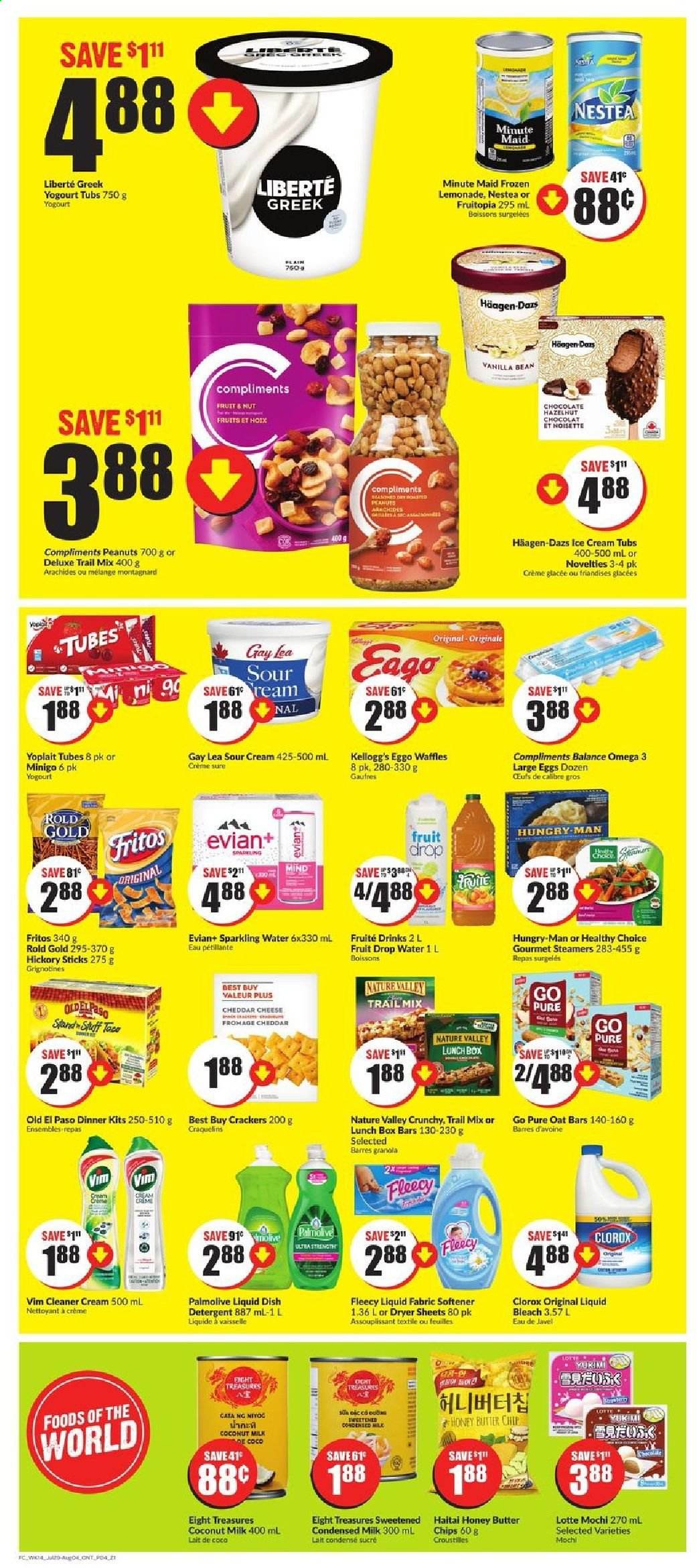 thumbnail - FreshCo. Flyer - July 29, 2021 - August 04, 2021 - Sales products - Old El Paso, waffles, dinner kit, Healthy Choice, cheese, Yoplait, condensed milk, large eggs, butter, sour cream, Häagen-Dazs, chocolate, crackers, Kellogg's, Fritos, coconut milk, Nature Valley, honey, peanuts, trail mix, fruit punch, sparkling water, Evian, L'Or, Omega-3. Page 4.