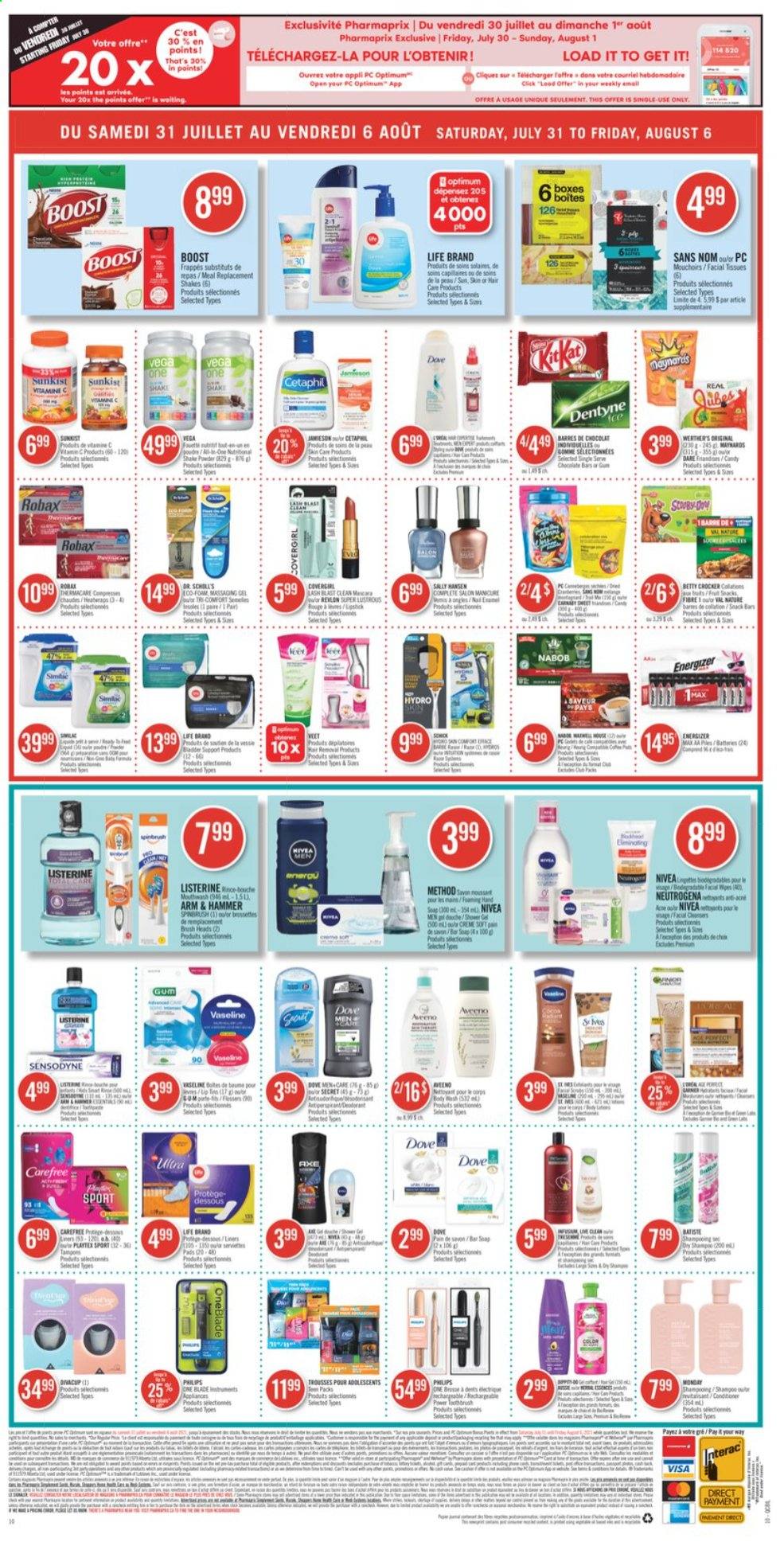 thumbnail - Pharmaprix Flyer - July 31, 2021 - August 06, 2021 - Sales products - shake, Parle, ARM & HAMMER, Boost, L'Or, Aveeno, tissues, Avon, Vaseline, mouthwash, Carefree, facial tissues, Revlon, Veet, pan, pen, Thermacare, Dr. Scholl's, Listerine, Nivea, Sensodyne. Page 14.
