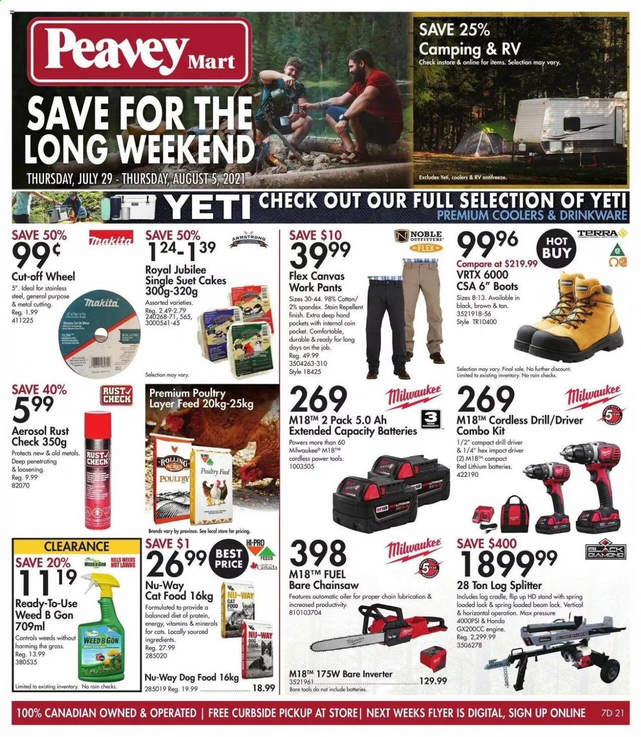 thumbnail - Peavey Mart Flyer - July 29, 2021 - August 05, 2021 - Sales products - drinkware, canvas, animal food, cat food, dog food, suet, suet cakes, pants, boots, Milwaukee, impact driver, power tools, chain saw, log splitter, combo kit, antifreeze. Page 1.
