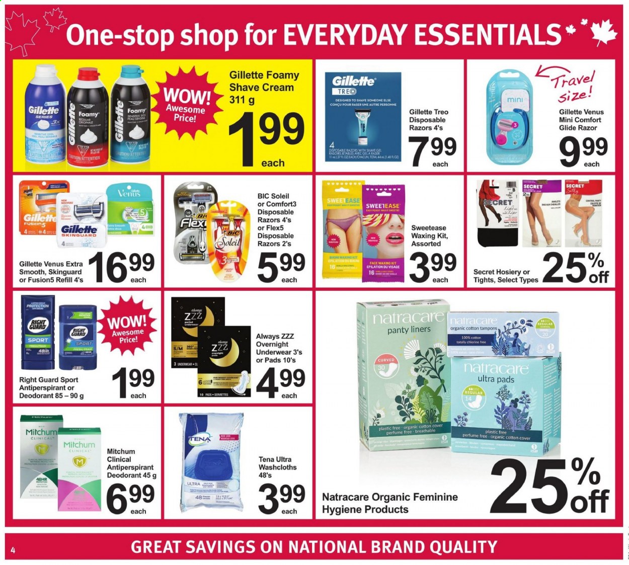 thumbnail - Pharmasave Flyer - July 30, 2021 - August 05, 2021 - Sales products - XTRA, tampons, anti-perspirant, BIC, razor, shave gel, Venus, shave cream, disposable razor, tights, hosiery, Gillette, deodorant. Page 4.