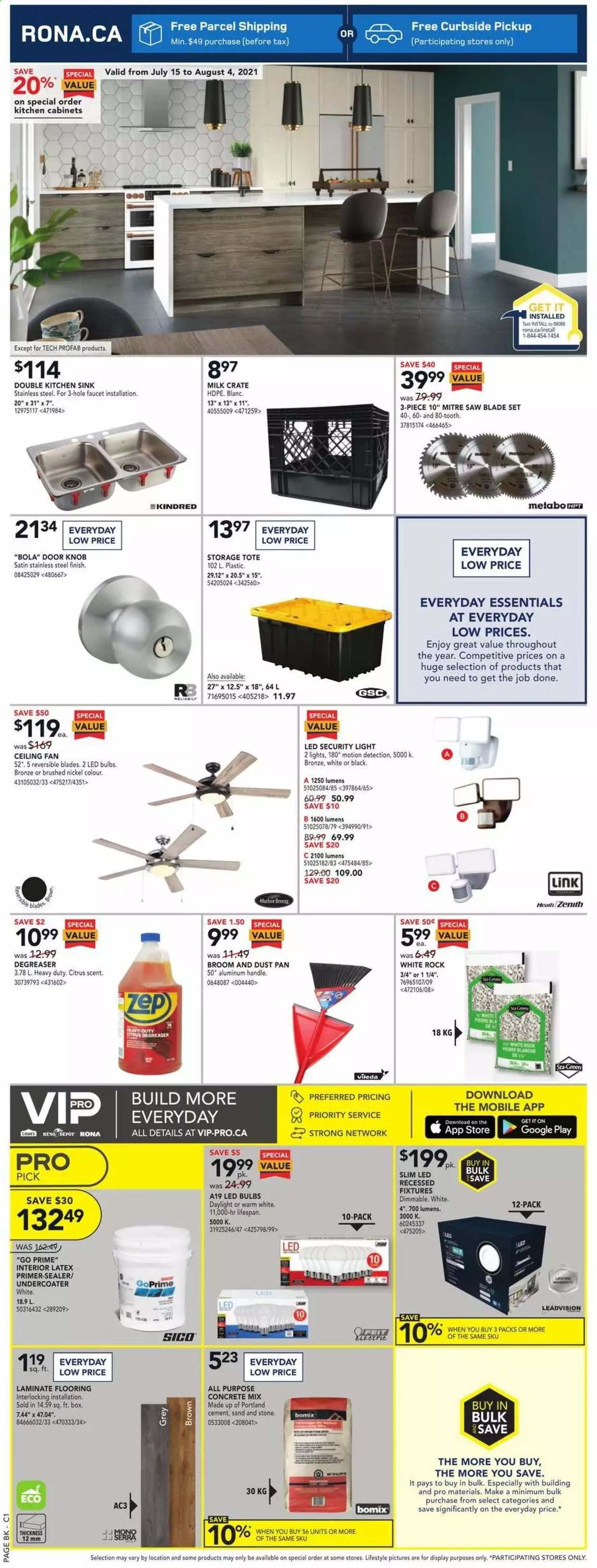 thumbnail - RONA Flyer - July 29, 2021 - August 04, 2021 - Sales products - ceiling fan, Vileda, kitchen cabinet, faucet, sink, flooring, laminate floor, concrete mix, saw, crate, storage tote, LED bulb. Page 2.