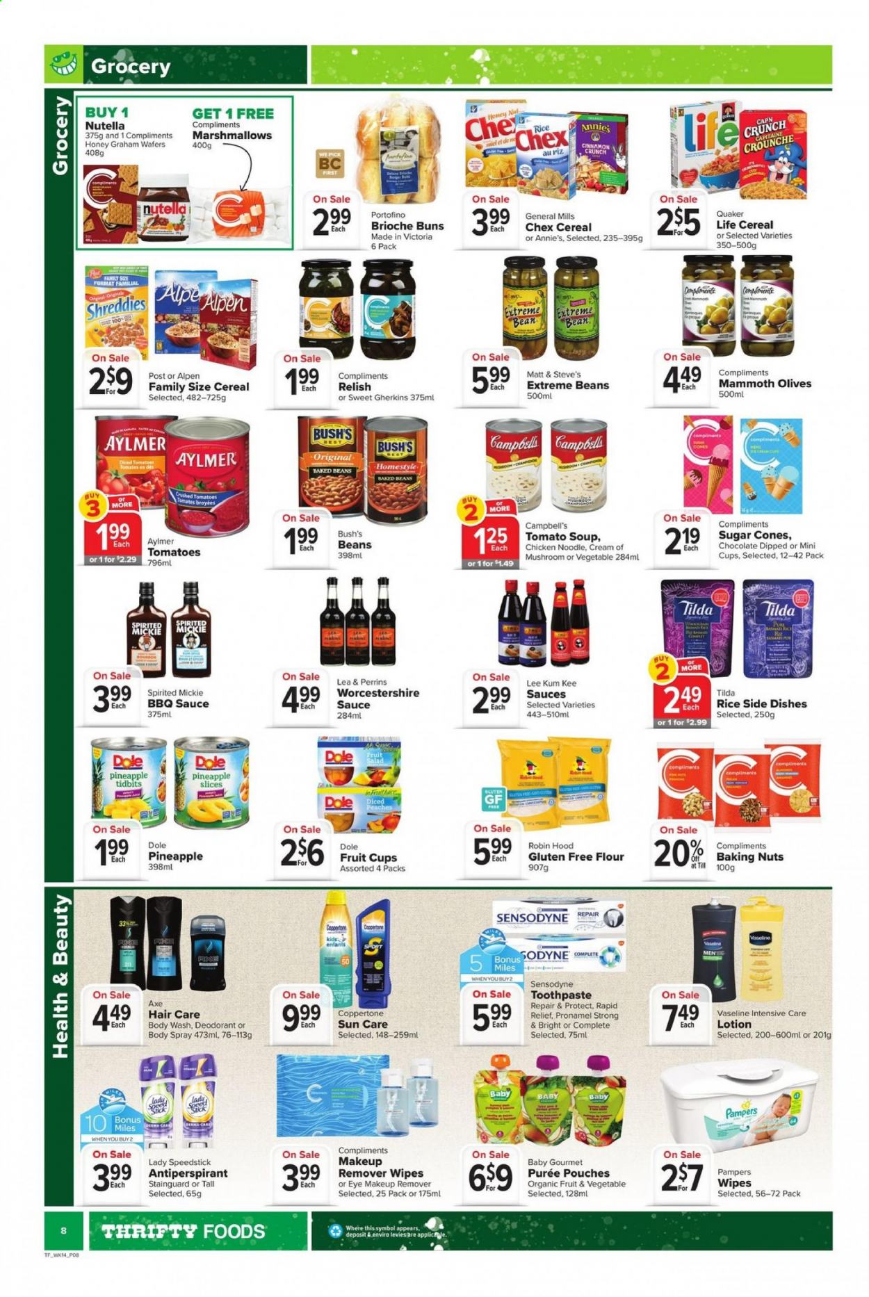 thumbnail - Circulaire Thrifty Foods - 29 Juillet 2021 - 04 Août 2021 - Produits soldés - brioche, purée, Nutella, olives, Axe, desodorisant, déodorant, Pampers, Sensodyne. Page 8.