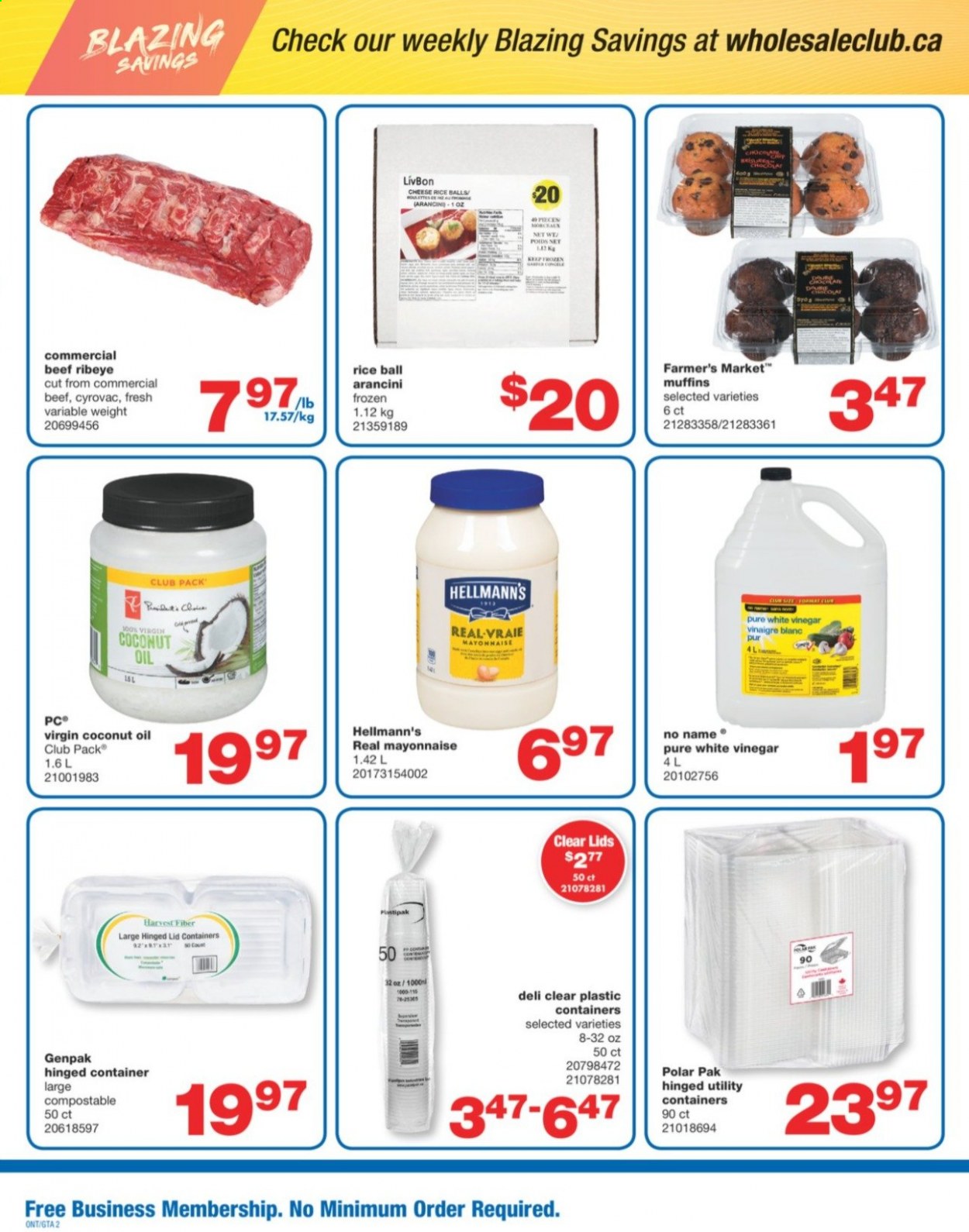 thumbnail - Wholesale Club Flyer - July 29, 2021 - August 18, 2021 - Sales products - muffin, No Name, mayonnaise, Hellmann’s, rice balls, coconut oil, vinegar, oil, lid, container. Page 2.