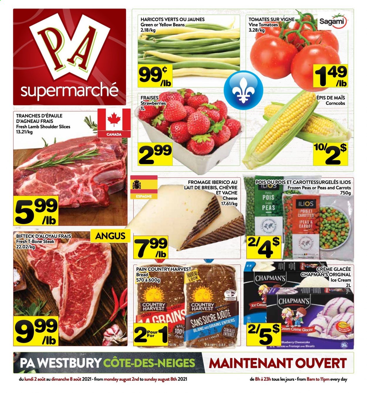 thumbnail - PA Supermarché Flyer - August 02, 2021 - August 08, 2021 - Sales products - bread, beans, carrots, cheese, ice cream, Country Harvest, beef meat, t-bone steak, lamb meat, lamb shoulder, steak. Page 1.