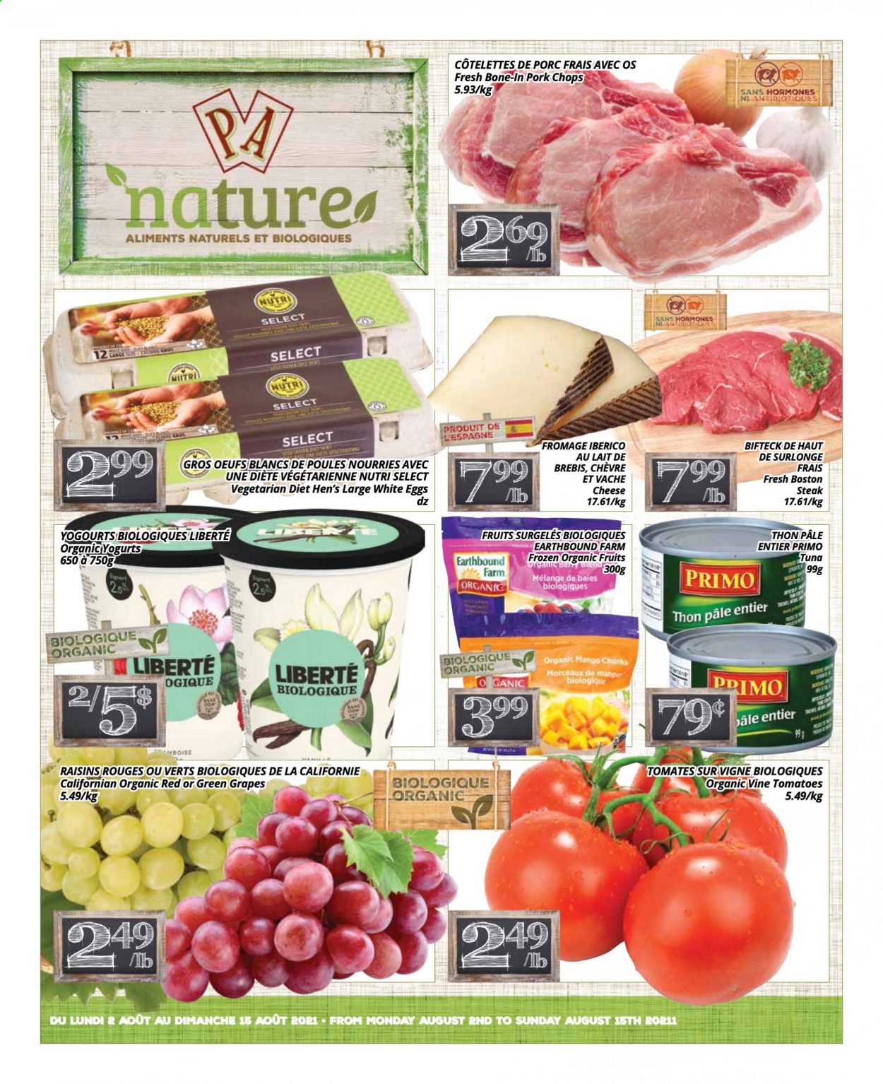 thumbnail - Circulaire PA Nature - 02 Août 2021 - 15 Août 2021 - Produits soldés - tomates, thon, fromage, raisins, œufs, steak. Page 1.