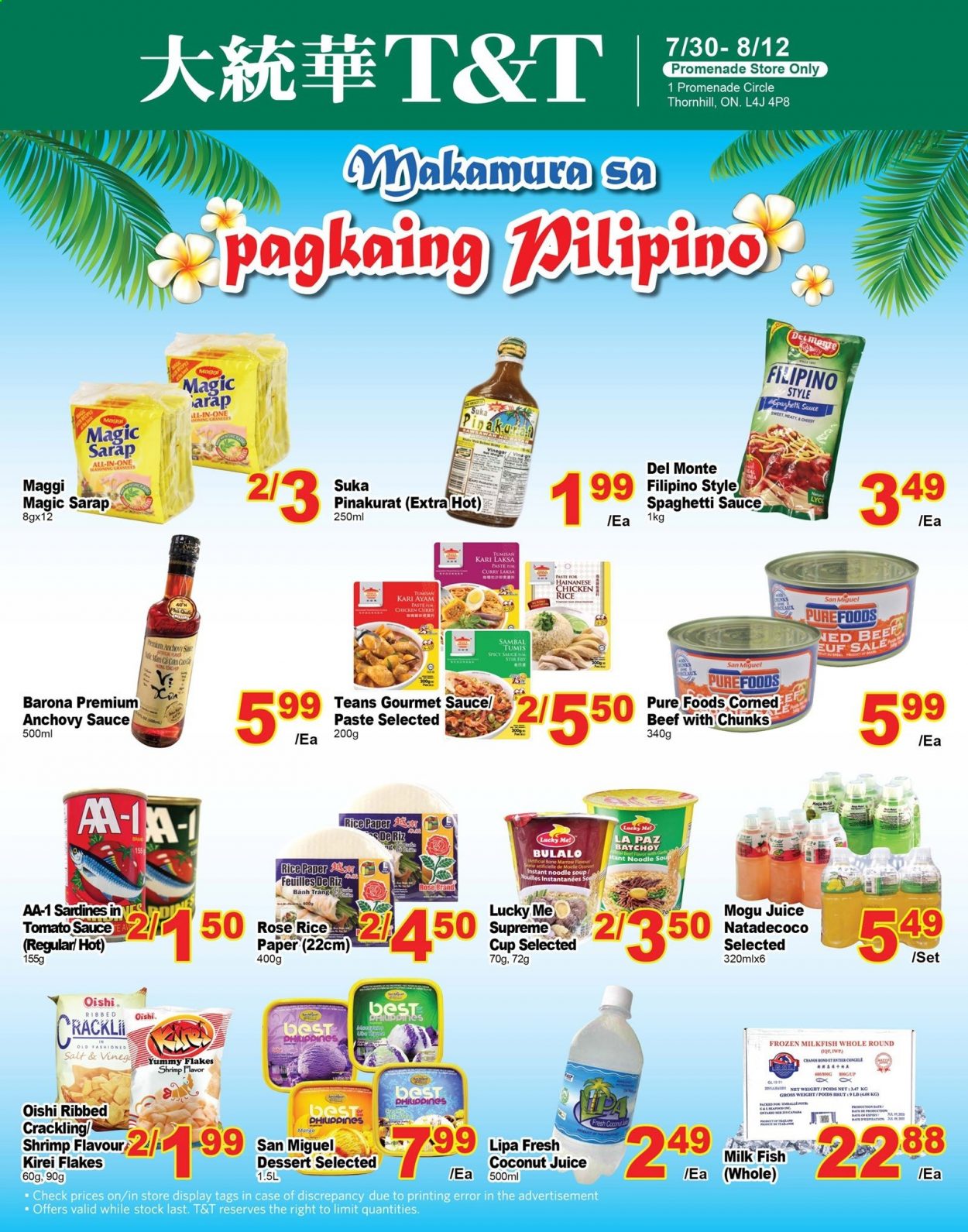 thumbnail - T&T Supermarket Flyer - July 30, 2021 - August 12, 2021 - Sales products - sardines, fish, shrimps, milkfish, spaghetti, soup, sauce, noodles cup, noodles, spaghetti sauce, Maggi, anchovies, rice, Ayam paste, juice, rosé wine, beer, San Miguel, Brut, cup, paper. Page 1.