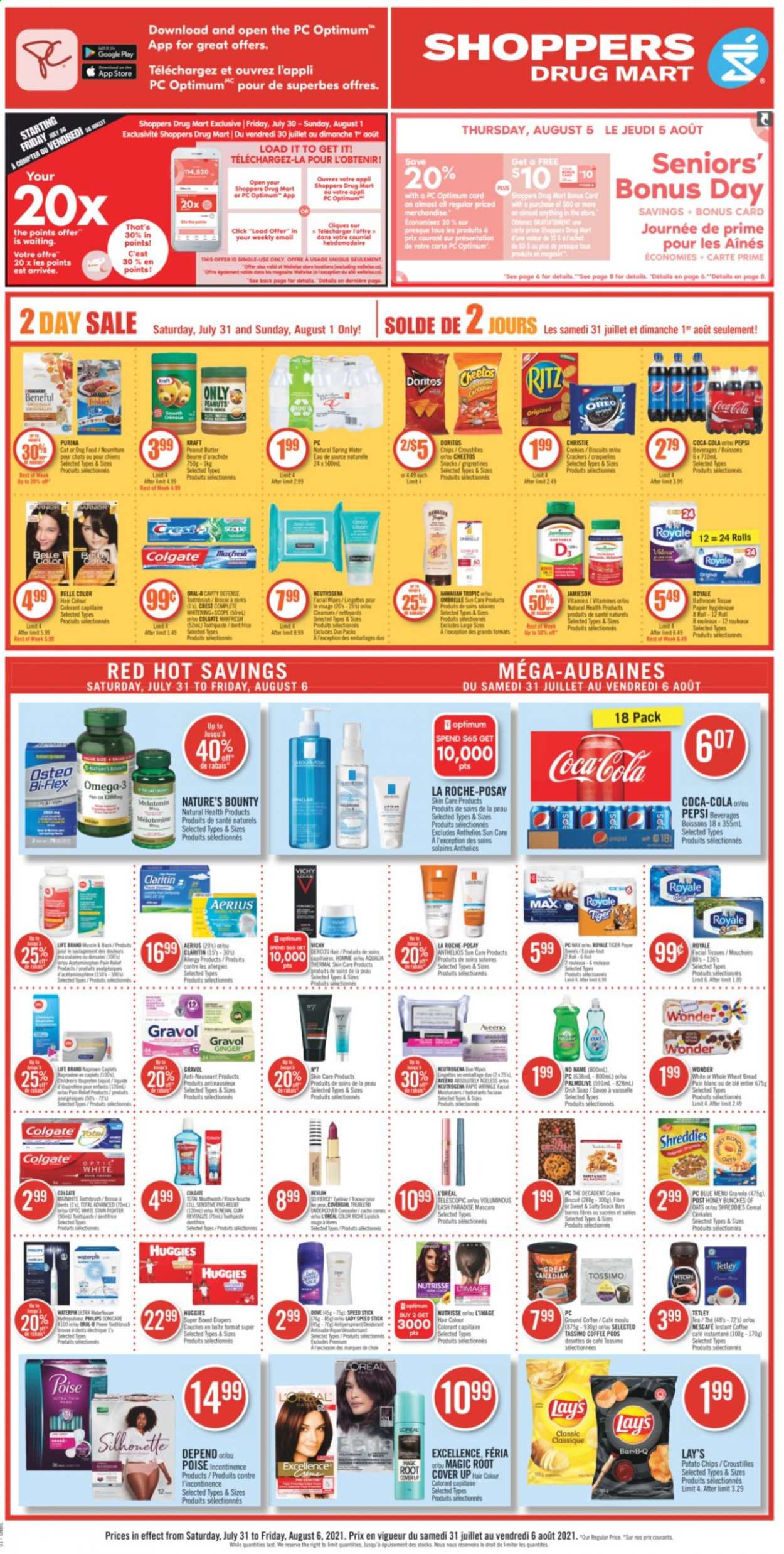 thumbnail - Shoppers Drug Mart Flyer - July 31, 2021 - August 06, 2021 - Sales products - cookies, snack, crackers, biscuit, snack bar, RITZ, Doritos, potato chips, Cheetos, Lay’s, cereals, ginger, Kraft®, peanut butter, peanuts, Coca-Cola, Pepsi, spring water, tea, coffee pods, instant coffee, ground coffee, wipes, nappies, Aveeno, bath tissue, kitchen towels, paper towels, Vichy, Palmolive, soap, toothbrush, toothpaste, Crest, facial tissues, L’Oréal, La Roche-Posay, Revlon, hair color, Speed Stick, corrector, lipstick, Sonicare, Melatonin, Nature's Bounty, Omega-3, Bi-Flex, Oreo, granola, mascara, Neutrogena, Huggies, chips, Nescafé. Page 1.