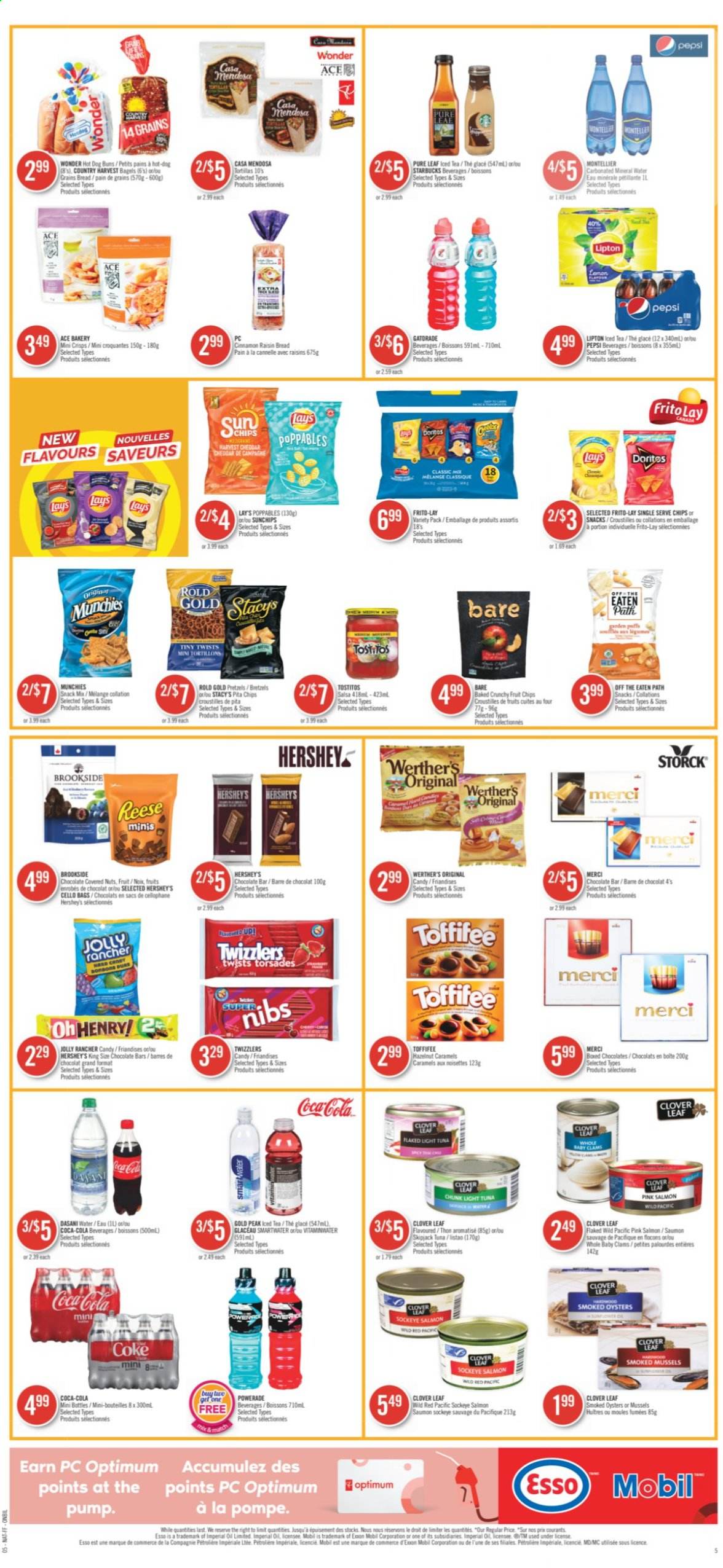 thumbnail - Shoppers Drug Mart Flyer - July 31, 2021 - August 06, 2021 - Sales products - Hershey's, Merci, chocolate bar, tortillas, Lay’s, Frito-Lay, Tostitos, ACE Bakery, pita chips, salmon, light tuna, salsa, dried fruit, Coca-Cola, Powerade, Pepsi, ice tea, Clover, Gatorade, mineral water, Smartwater, Pure Leaf, Starbucks, raisins, tuna, chips. Page 9.