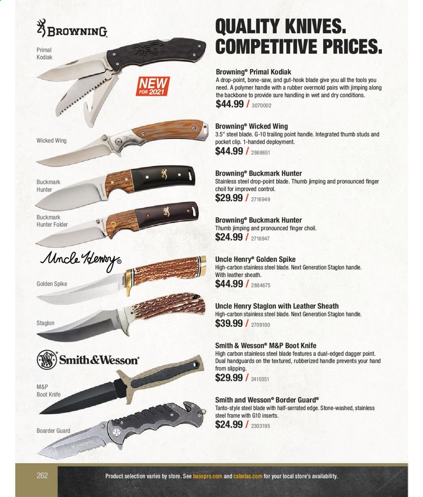 thumbnail - Bass Pro Shops Flyer - Sales products - Browning, Smith & Wesson. Page 262.