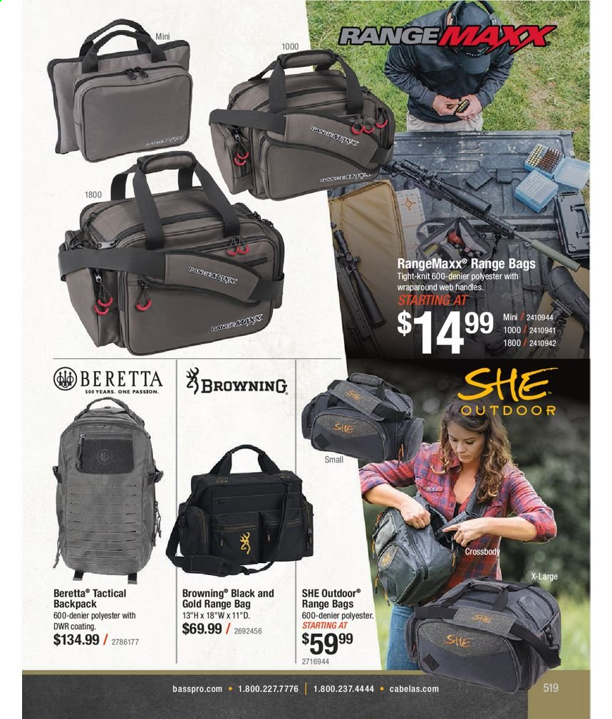thumbnail - Bass Pro Shops Flyer - Sales products - backpack, range bag, Browning, RangeMaxx. Page 519.