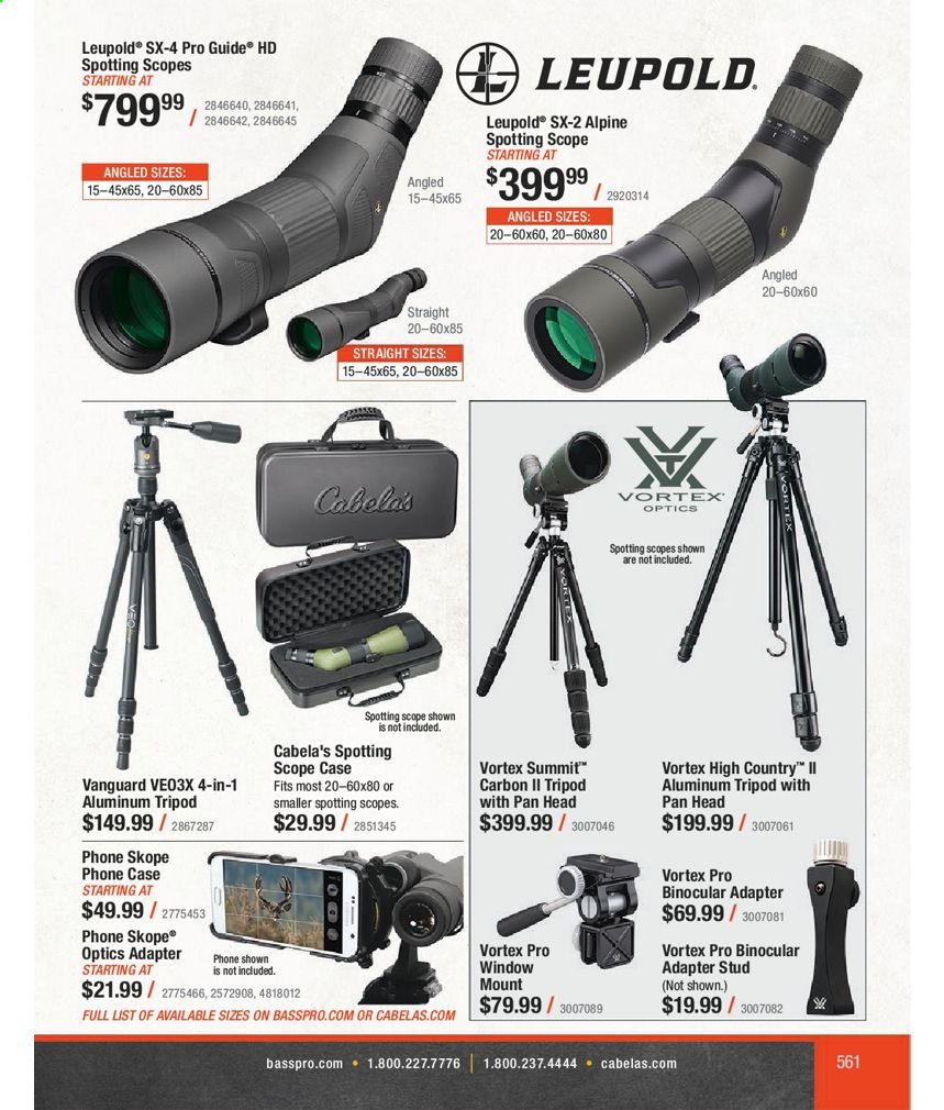 thumbnail - Bass Pro Shops Flyer - Sales products - tripod, adapter, binoculars, Leupold, scope. Page 561.