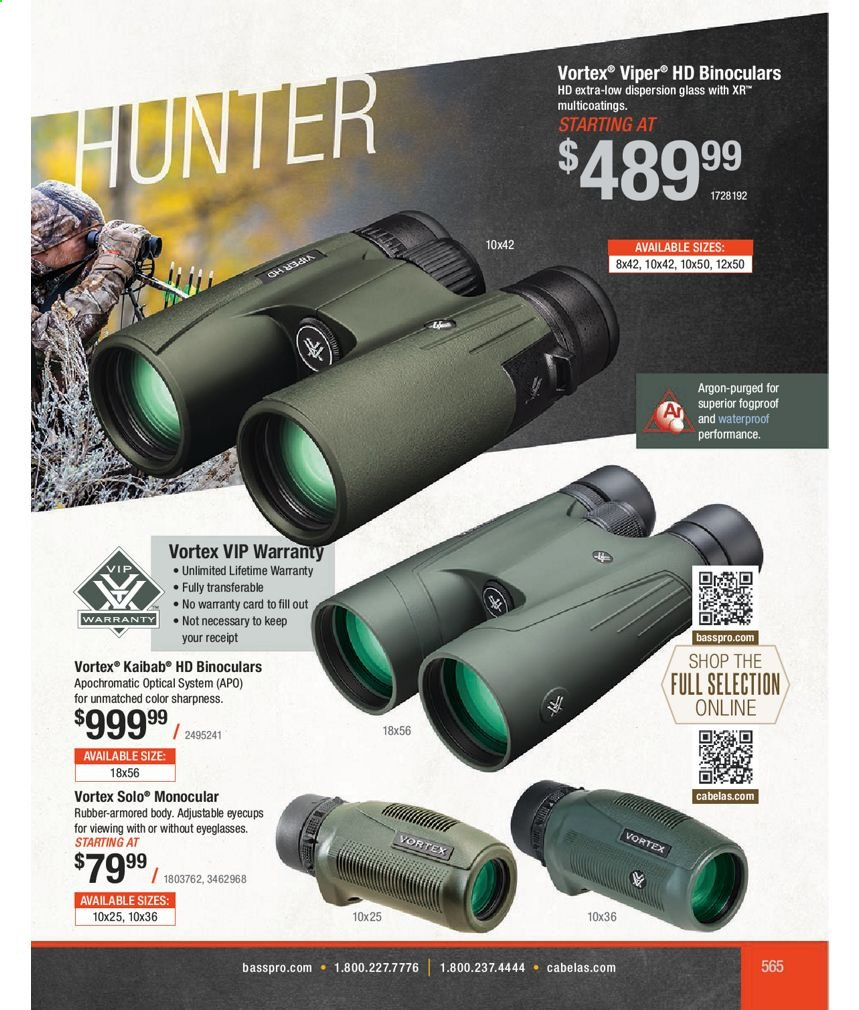 thumbnail - Bass Pro Shops Flyer - Sales products - Hunter, eye glasses, viper, binoculars. Page 565.