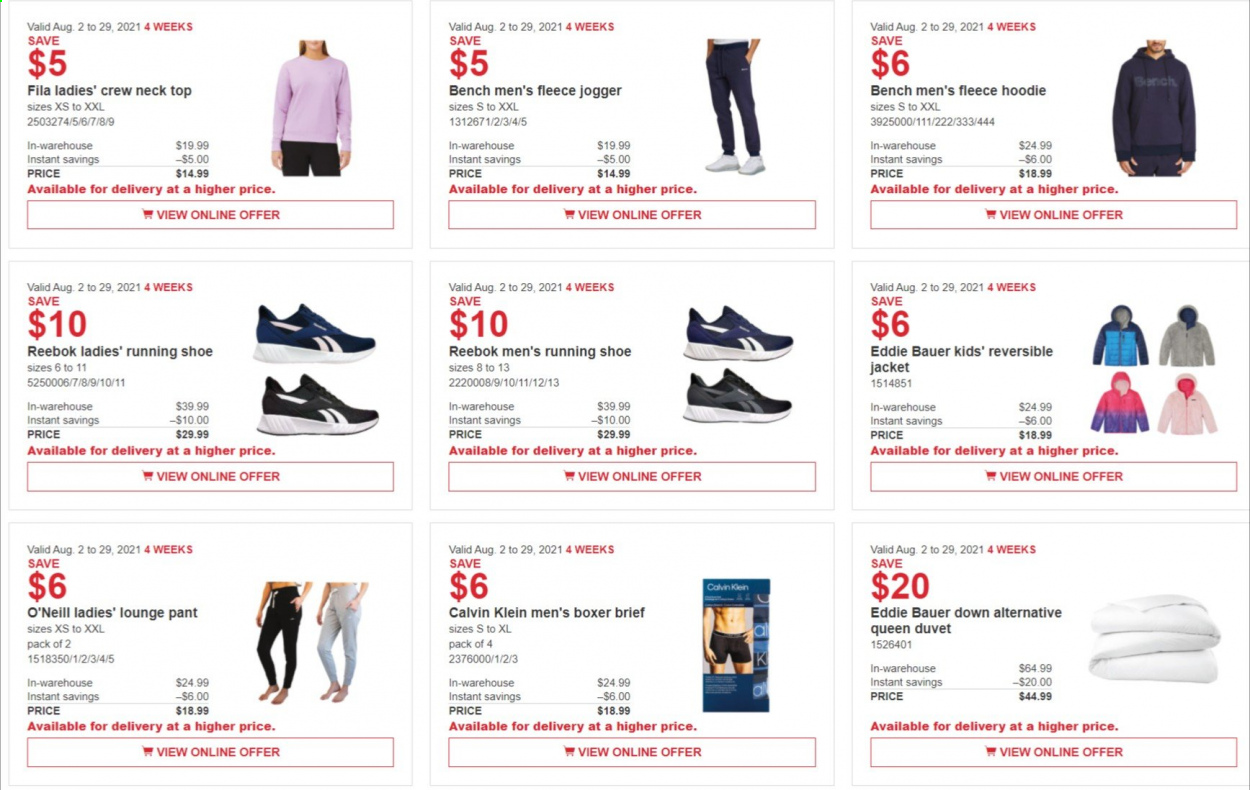 thumbnail - Costco Flyer - August 02, 2021 - August 29, 2021 - Sales products - duvet, bench, jacket, O‘Neill, hoodie, Fila, Reebok. Page 2.