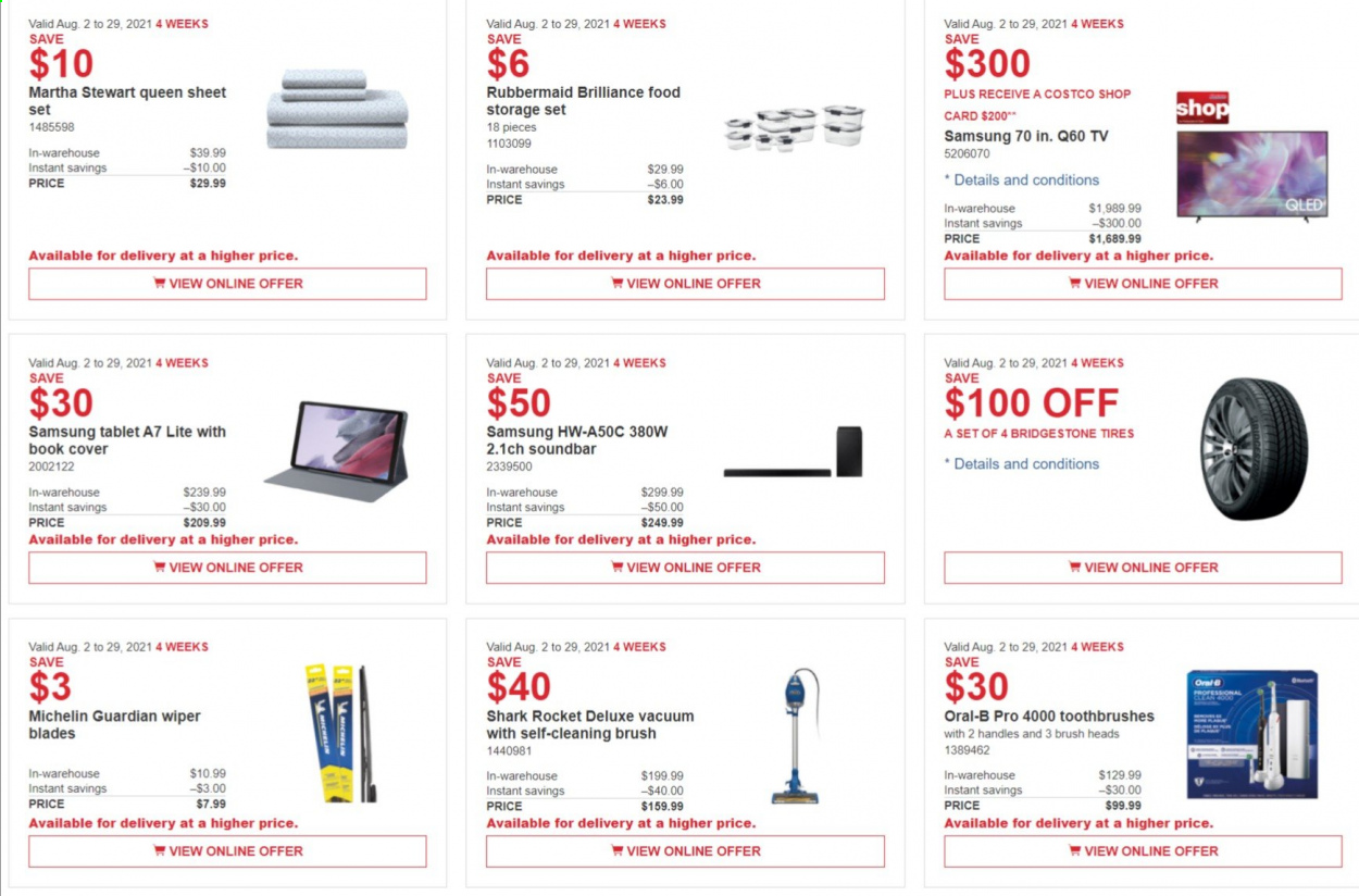 thumbnail - Costco Flyer - August 02, 2021 - August 29, 2021 - Sales products - storage container set, book, queen sheet, TV, sound bar, Bridgestone, tires, Michelin, Samsung, tablet, Oral-B. Page 3.