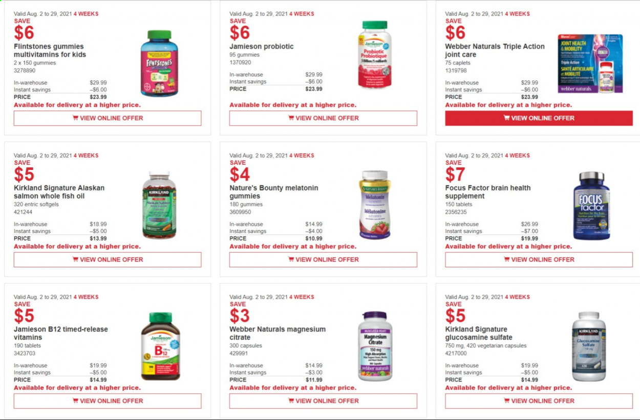 thumbnail - Costco Flyer - August 02, 2021 - August 29, 2021 - Sales products - salmon, oil, fish oil, glucosamine, magnesium, Melatonin, multivitamin, Nature's Bounty. Page 7.
