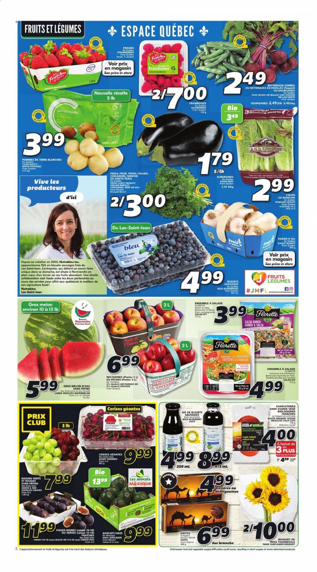 thumbnail - IGA Flyer - August 05, 2021 - August 11, 2021 - Sales products - beans, fava beans, garlic, potatoes, parsley, salad, eggplant, avocado, blueberries, figs, grapes, nectarines, seedless grapes, strawberries, watermelon, cherries, melons, peaches, salami, Merci, dill, coriander, salsa, dried fruit, juice, raisins. Page 3.