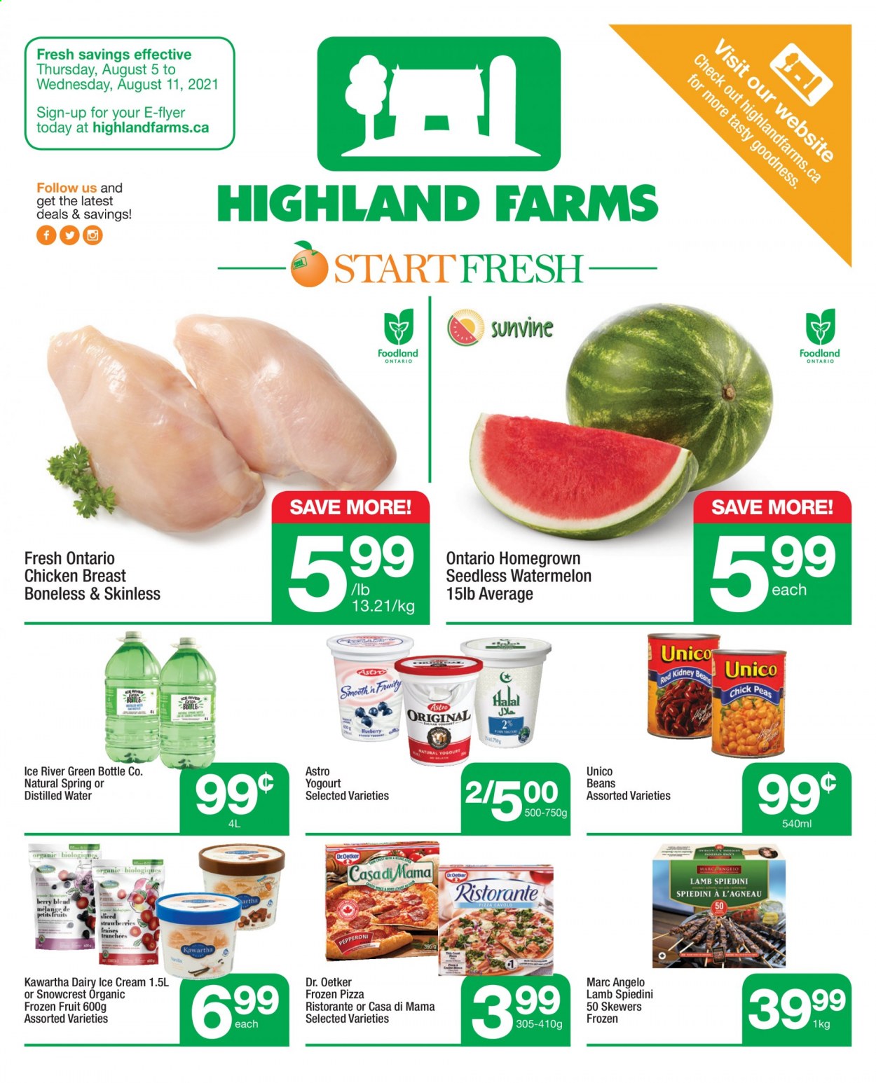thumbnail - Highland Farms Flyer - August 05, 2021 - August 11, 2021 - Sales products - beans, peas, watermelon, pizza, pepperoni, Dr. Oetker, organic frozen fruit, chicken breasts, chicken. Page 1.