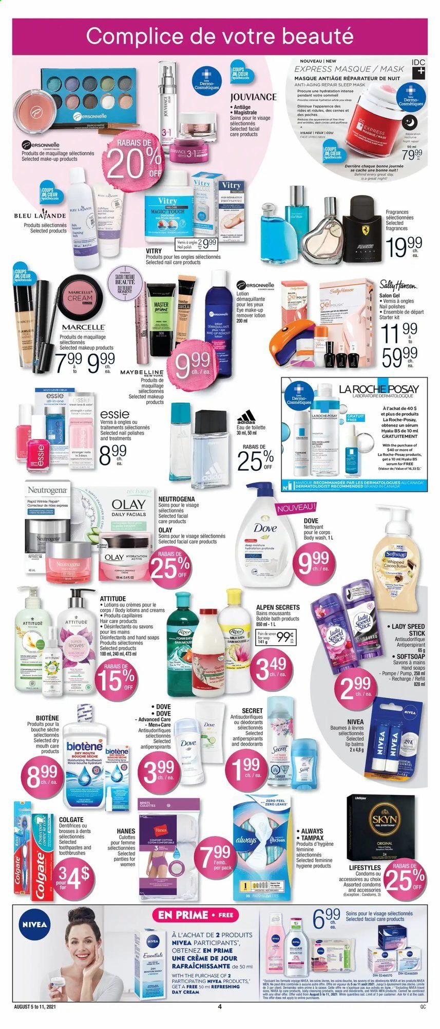 thumbnail - Jean Coutu Flyer - August 05, 2021 - August 11, 2021 - Sales products - body wash, bubble bath, Softsoap, Biotene, day cream, La Roche-Posay, serum, Olay, body lotion, anti-perspirant, Speed Stick, makeup, pendant, Maybelline, Neutrogena, Tampax, Nivea, pump, panties, deodorant. Page 2.