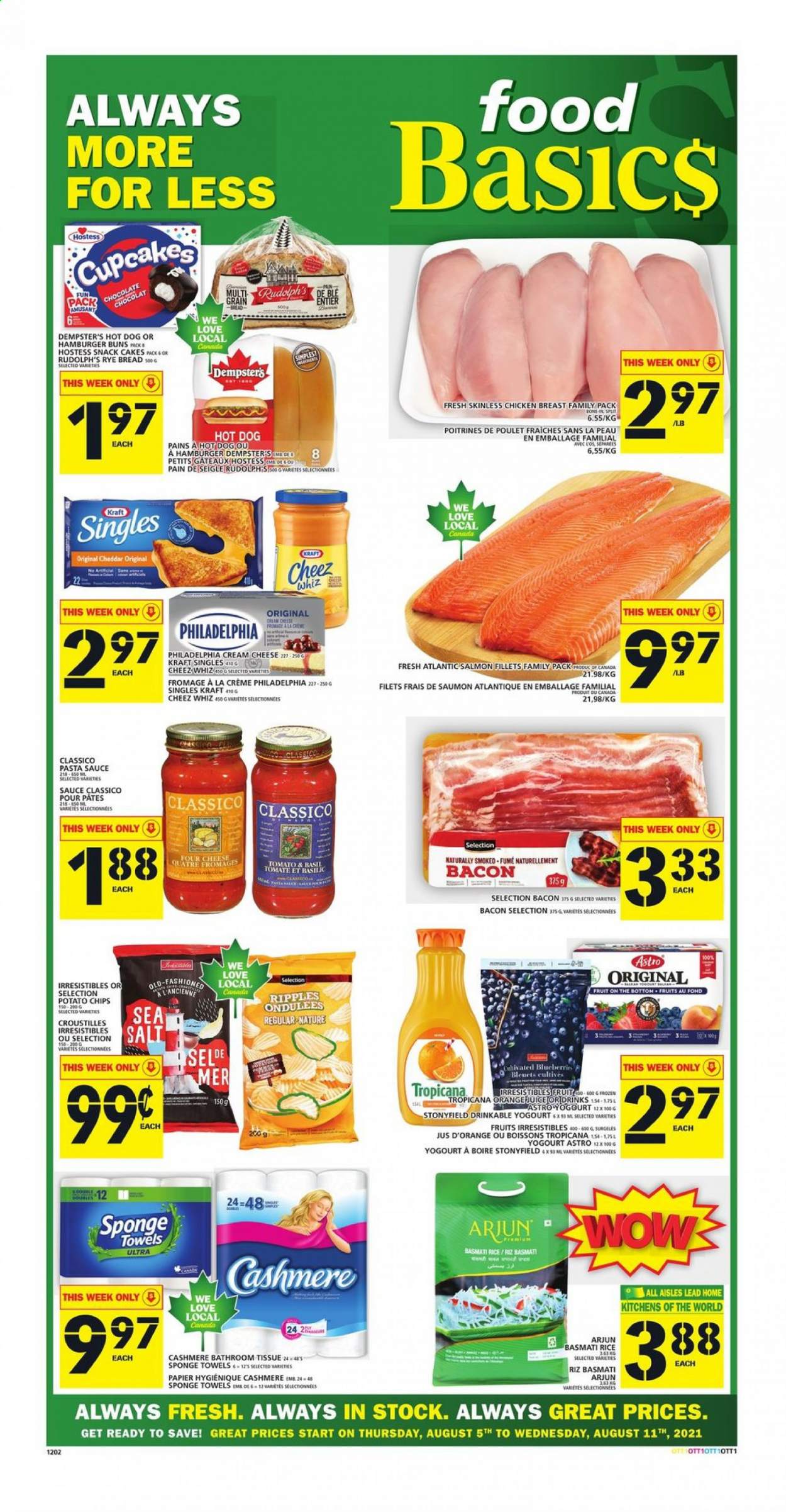thumbnail - Food Basics Flyer - August 05, 2021 - August 11, 2021 - Sales products - bread, cake, buns, burger buns, cupcake, salmon, salmon fillet, hot dog, pasta sauce, sauce, Kraft®, bacon, cream cheese, sandwich slices, cheese, Kraft Singles, snack, potato chips, basmati rice, rice, Classico, chicken breasts, chicken, bath tissue, sponge, towel. Page 1.