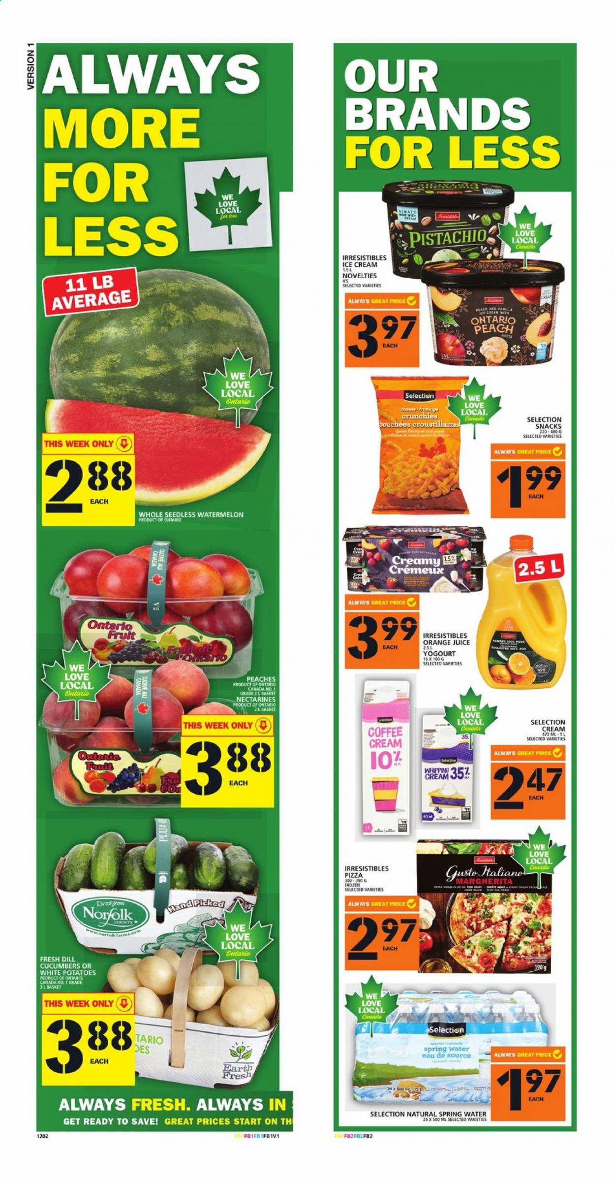 thumbnail - Food Basics Flyer - August 05, 2021 - August 11, 2021 - Sales products - cucumber, potatoes, nectarines, watermelon, peaches, pizza, ice cream, snack, dill, orange juice, juice, spring water, coffee. Page 2.