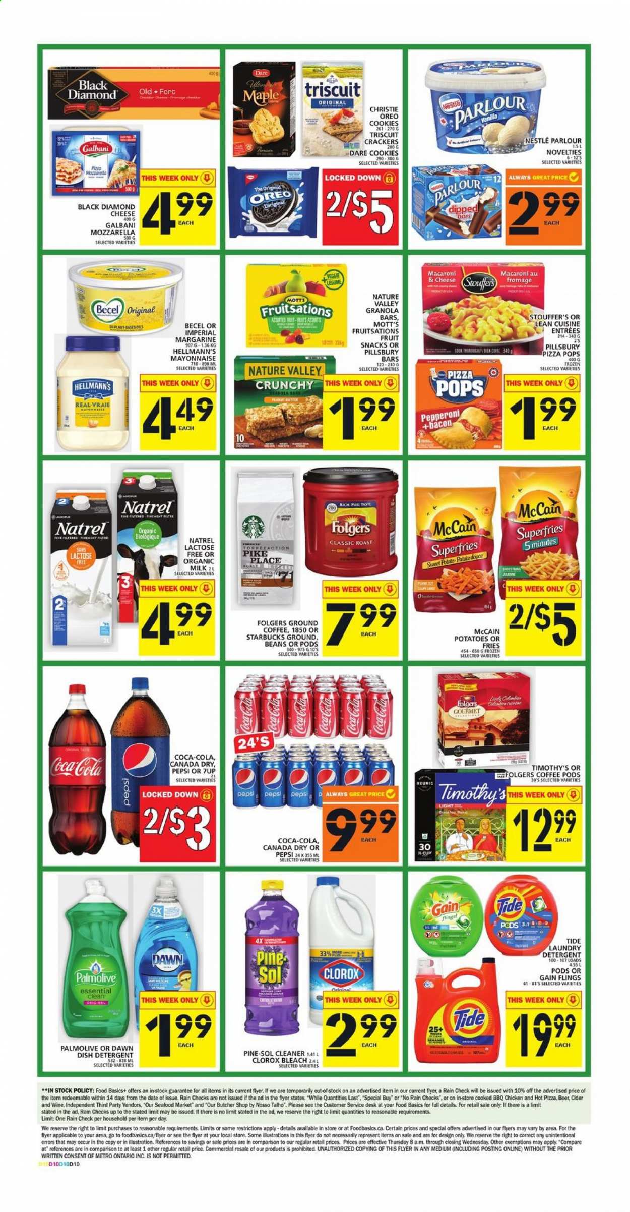 thumbnail - Food Basics Flyer - August 05, 2021 - August 11, 2021 - Sales products - potatoes, Mott's, seafood, macaroni & cheese, pizza, Pillsbury, Lean Cuisine, bacon, Galbani, Oreo, organic milk, margarine, mayonnaise, Hellmann’s, Stouffer's, McCain, potato fries, cookies, crackers, fruit snack, granola bar, Nature Valley, Canada Dry, Coca-Cola, Pepsi, 7UP, coffee pods, Folgers, ground coffee, coffee capsules, Starbucks, K-Cups, wine, cider, beer, Gain, cleaner, bleach, Clorox, Pine-Sol, Tide, Palmolive, Nestlé. Page 5.