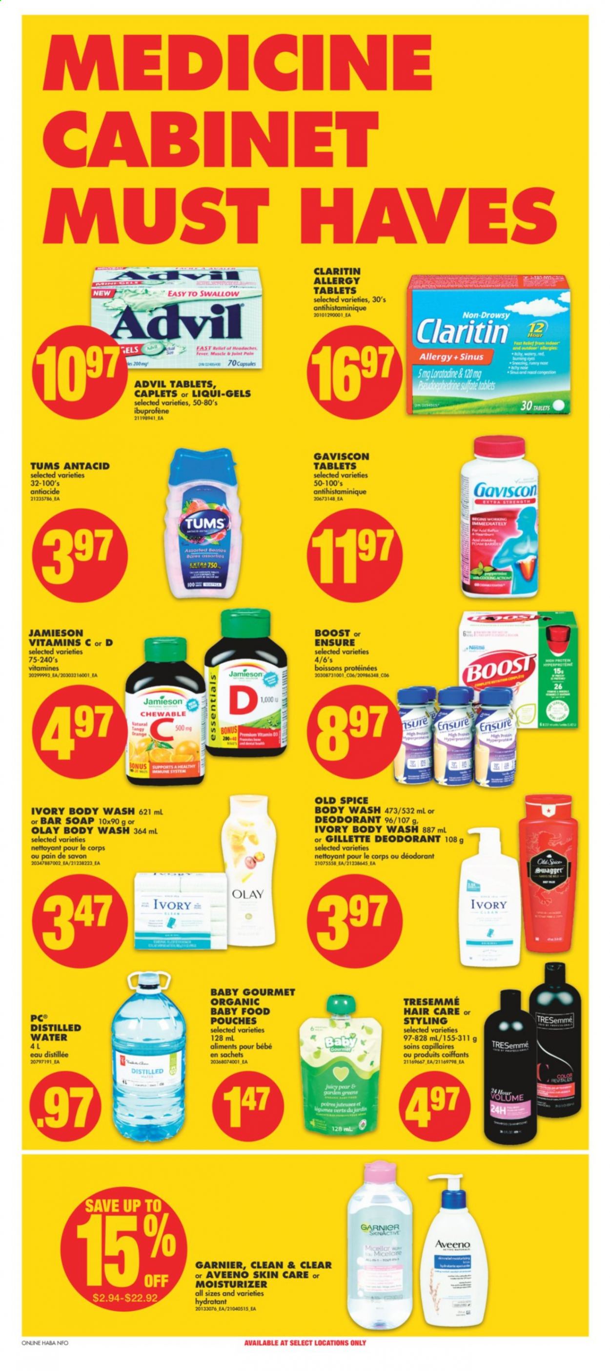 thumbnail - No Frills Flyer - August 05, 2021 - August 11, 2021 - Sales products - spice, Boost, organic baby food, Aveeno, XTRA, body wash, soap bar, soap, moisturizer, Olay, Clean & Clear, TRESemmé, anti-perspirant, Sure, cabinet, distilled water, Advil Rapid, Gaviscon, Antacid, vitamin D3, Garnier, Gillette, Old Spice, deodorant. Page 9.