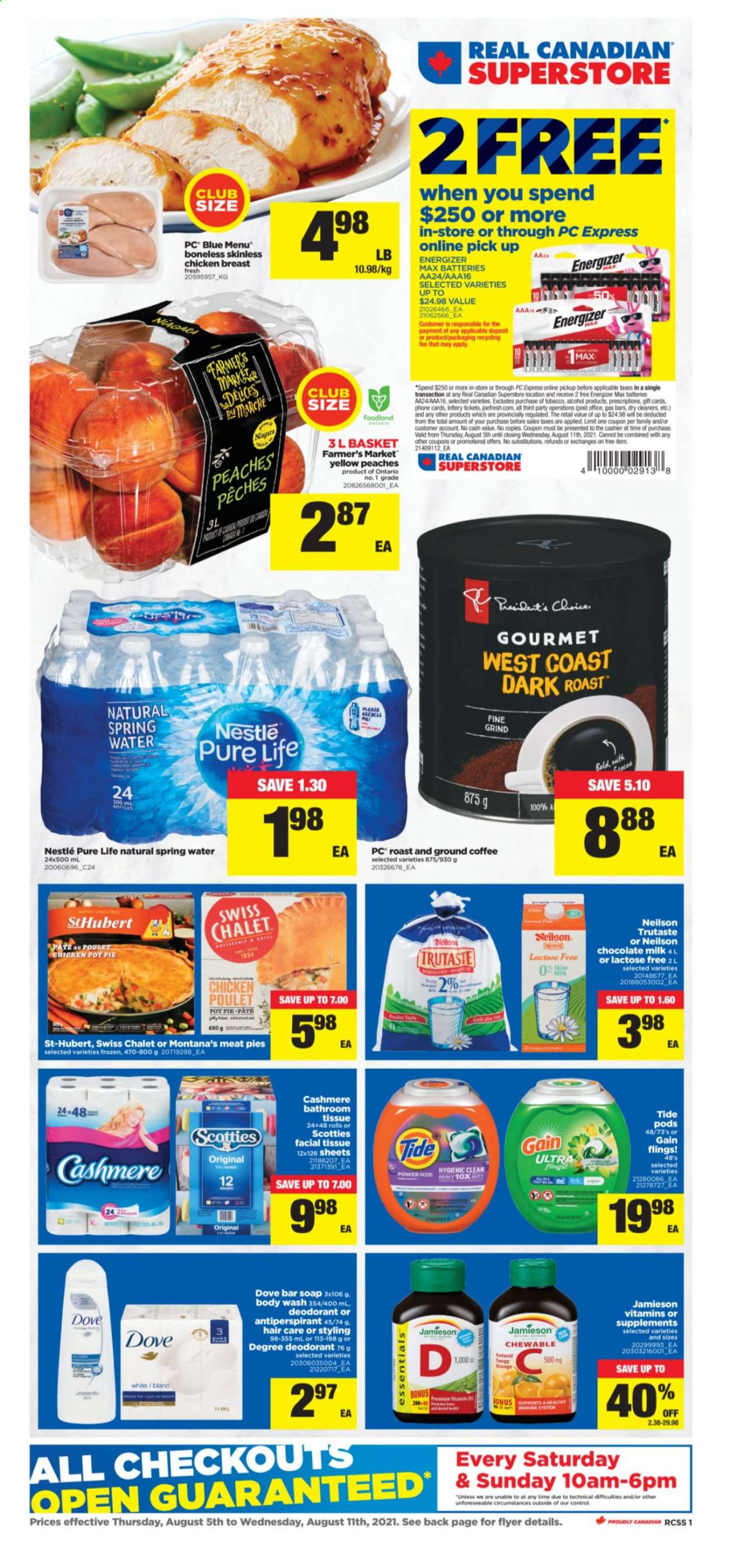 thumbnail - Real Canadian Superstore Flyer - August 05, 2021 - August 11, 2021 - Sales products - pie, pot pie, peaches, milk, milk chocolate, chocolate, spring water, coffee, ground coffee, alcohol, chicken breasts, chicken, bath tissue, Gain, Tide, body wash, soap bar, soap, anti-perspirant, pot, battery, grill, vitamin D3, Nestlé, deodorant. Page 1.