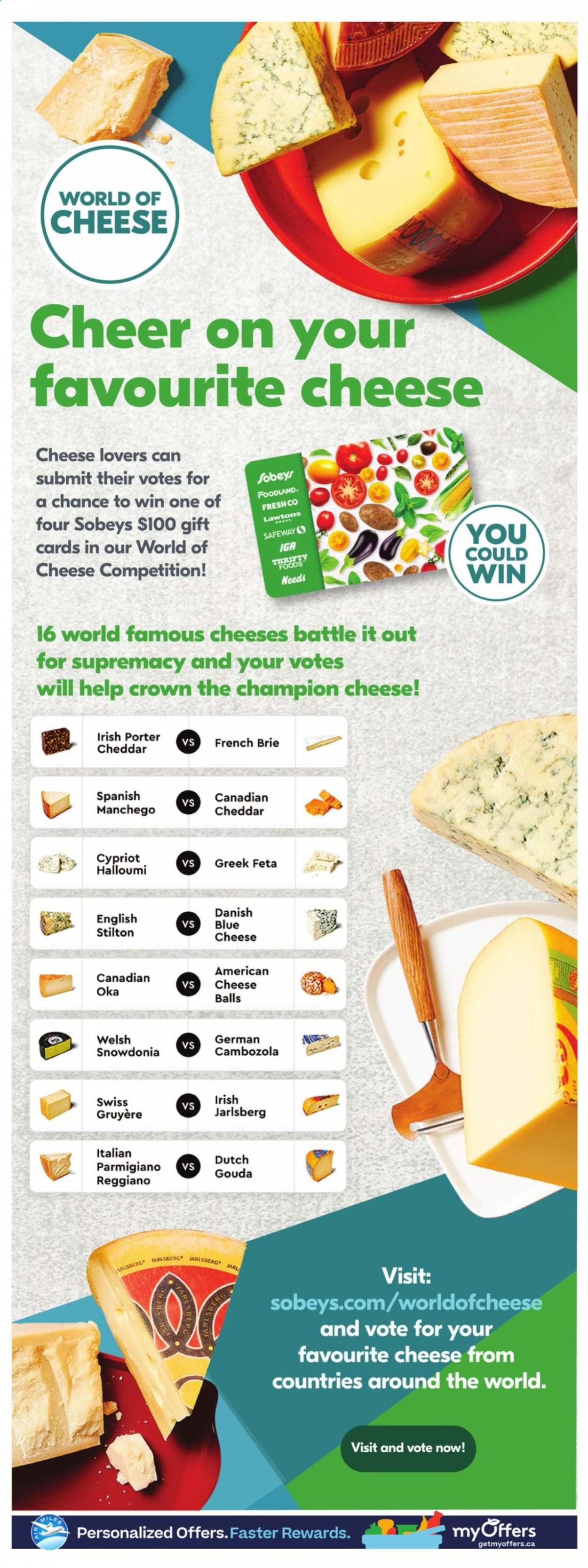 thumbnail - Sobeys Flyer - August 05, 2021 - August 11, 2021 - Sales products - american cheese, blue cheese, gouda, Gruyere, Manchego, Stilton, halloumi, cheddar, cheese, brie, Parmigiano Reggiano, feta. Page 11.