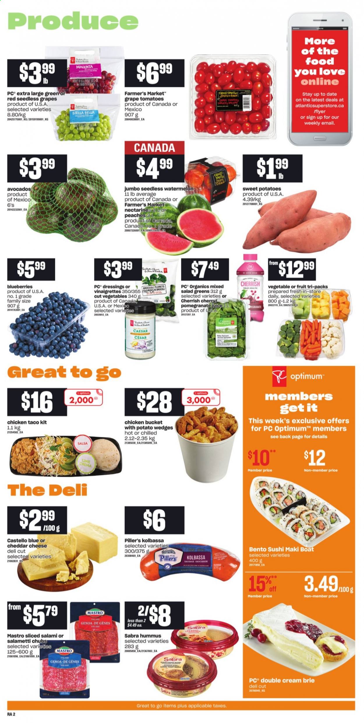 thumbnail - Atlantic Superstore Flyer - August 05, 2021 - August 11, 2021 - Sales products - Bella, broccoli, sweet potato, tomatoes, potatoes, salad greens, avocado, blueberries, nectarines, seedless grapes, watermelon, peaches, salami, sausage, hummus, cheese, brie, potato wedges, salsa, Optimum. Page 2.