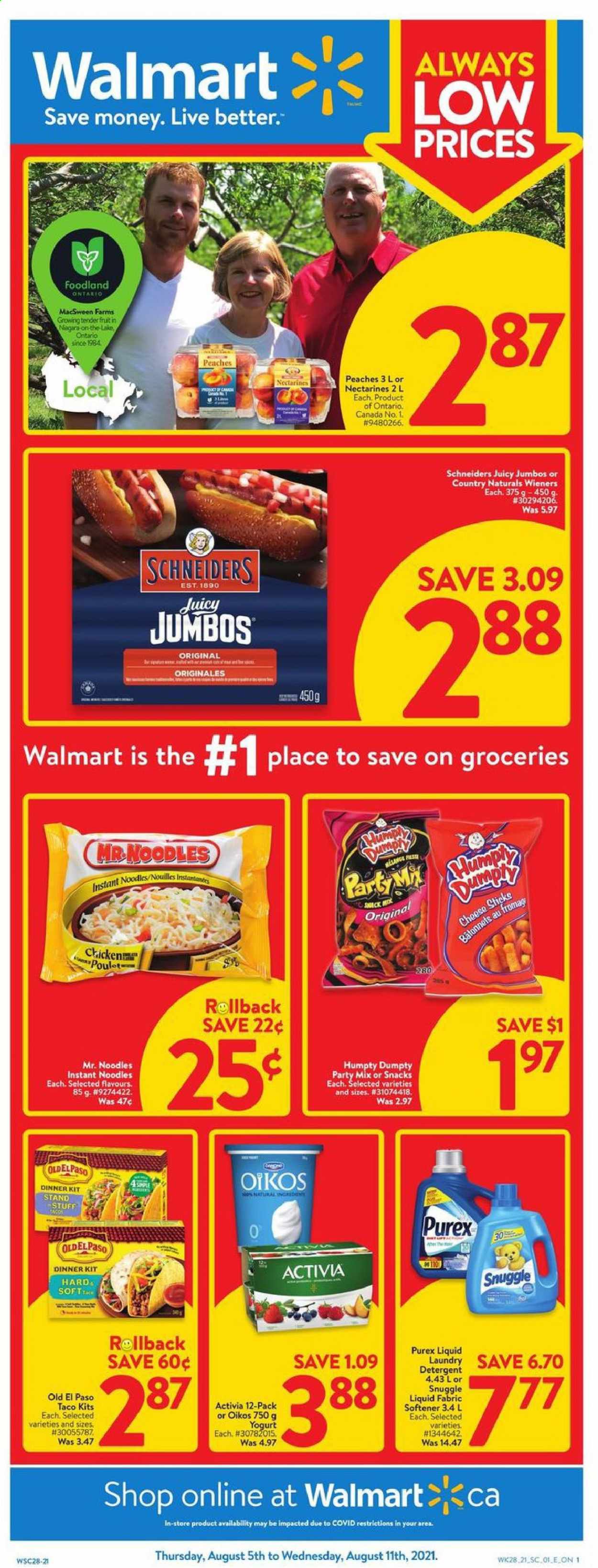 thumbnail - Walmart Flyer - August 05, 2021 - August 11, 2021 - Sales products - Old El Paso, nectarines, peaches, instant noodles, dinner kit, noodles, cheese, yoghurt, Activia, Oikos, L'Or, Snuggle, fabric softener, Purex. Page 1.