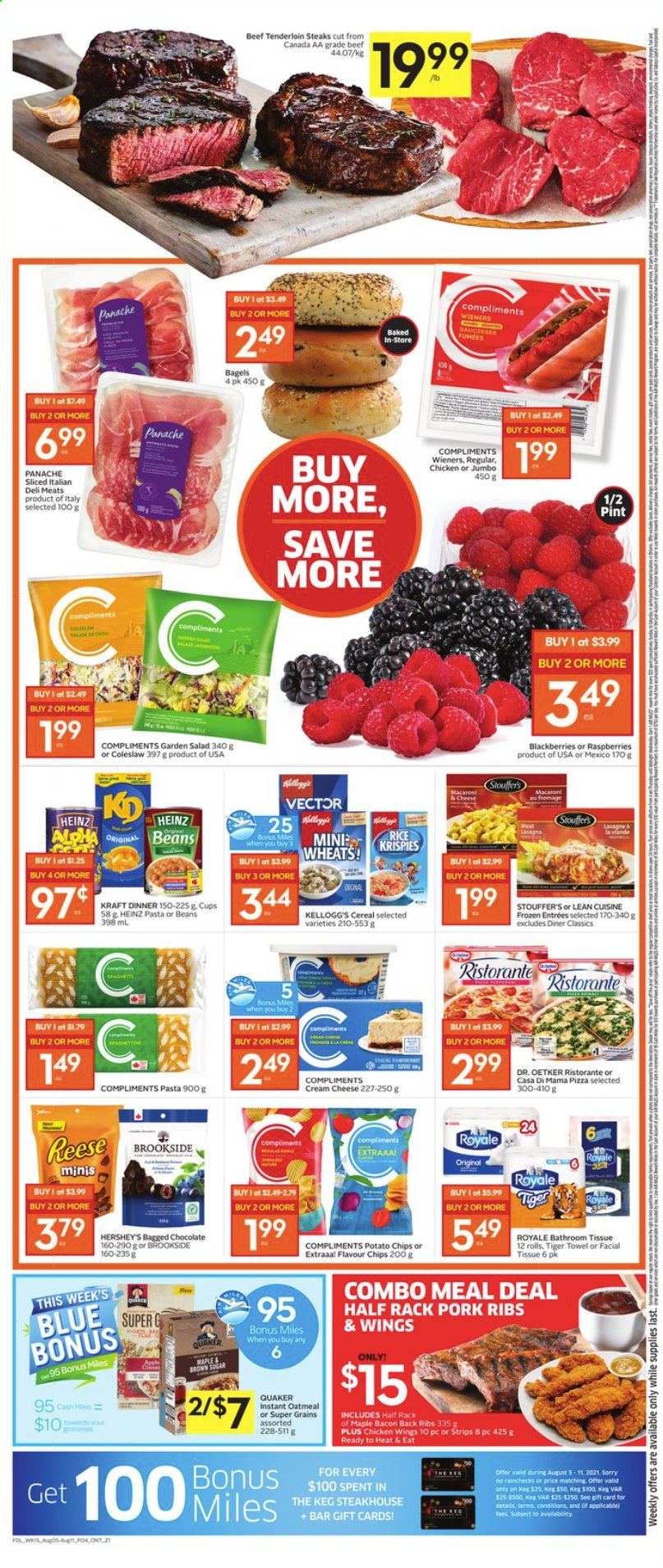 thumbnail - Foodland Flyer - August 05, 2021 - August 11, 2021 - Sales products - beans, salad, blackberries, coleslaw, pizza, macaroni, Quaker, lasagna meal, Lean Cuisine, Kraft®, bacon, Dr. Oetker, Hershey's, chicken wings, strips, Stouffer's, chocolate, Kellogg's, potato chips, oatmeal, Heinz, cereals, Rice Krispies, beef meat, beef tenderloin, pork meat, pork ribs, steak. Page 4.