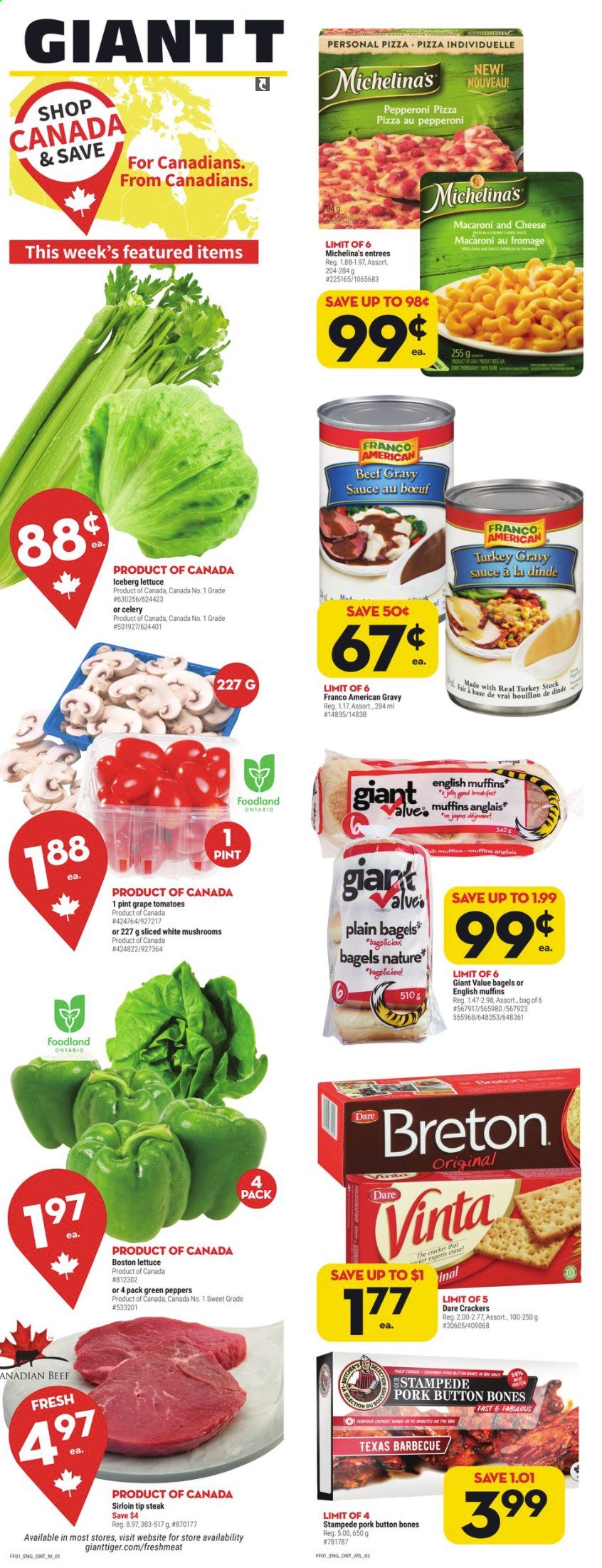 thumbnail - Giant Tiger Flyer - August 04, 2021 - August 10, 2021 - Sales products - bagels, english muffins, lettuce, peppers, beef gravy, macaroni & cheese, pizza, sauce, pepperoni, crackers, bouillon, turkey gravy, steak. Page 2.