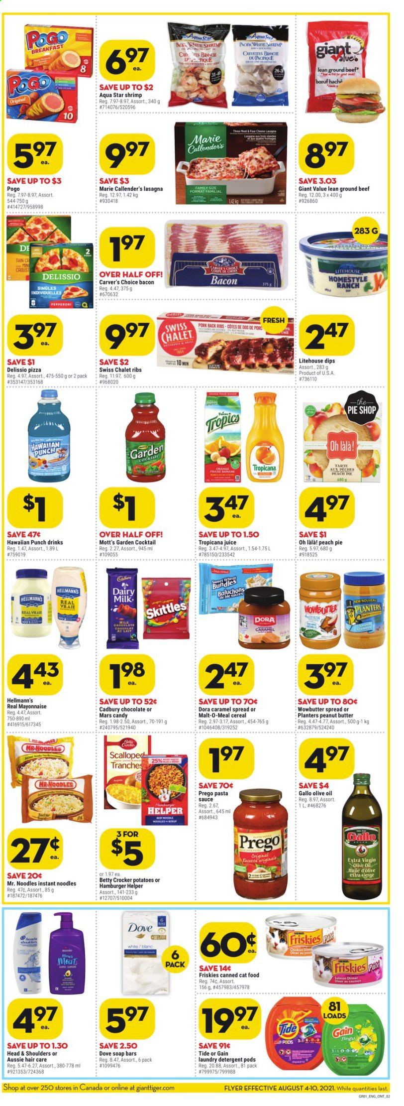 thumbnail - Giant Tiger Flyer - August 04, 2021 - August 10, 2021 - Sales products - pie, potatoes, Mott's, shrimps, pizza, pasta sauce, instant noodles, sauce, noodles, lasagna meal, Marie Callender's, bacon, pepperoni, mayonnaise, Hellmann’s, chocolate, Mars, Cadbury, Dairy Milk, Skittles, malt, cereals, caramel, olive oil, oil, peanut butter, Planters, juice, beef meat, ground beef, pork meat, pork ribs, pork back ribs, Gain, Tide, laundry detergent, soap, Aussie, animal food, cat food, Friskies, Head & Shoulders. Page 3.