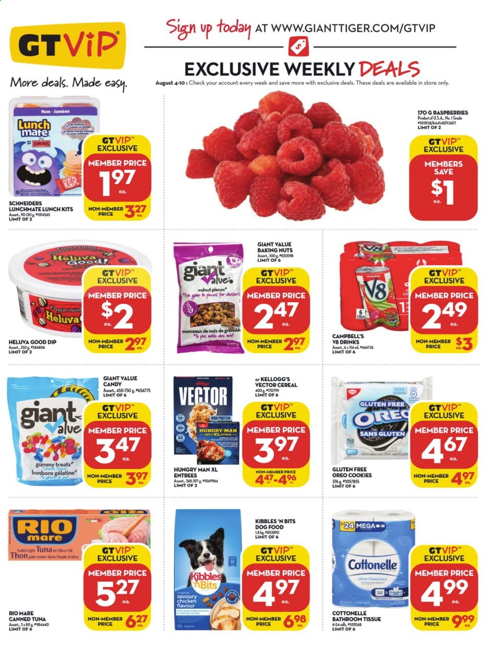 thumbnail - Giant Tiger Flyer - August 04, 2021 - August 10, 2021 - Sales products - Campbell's, ham, Oreo, dip, cookies, Kellogg's, canned tuna, light tuna, cereals, walnuts, bath tissue, Cottonelle, animal food, dog food. Page 6.