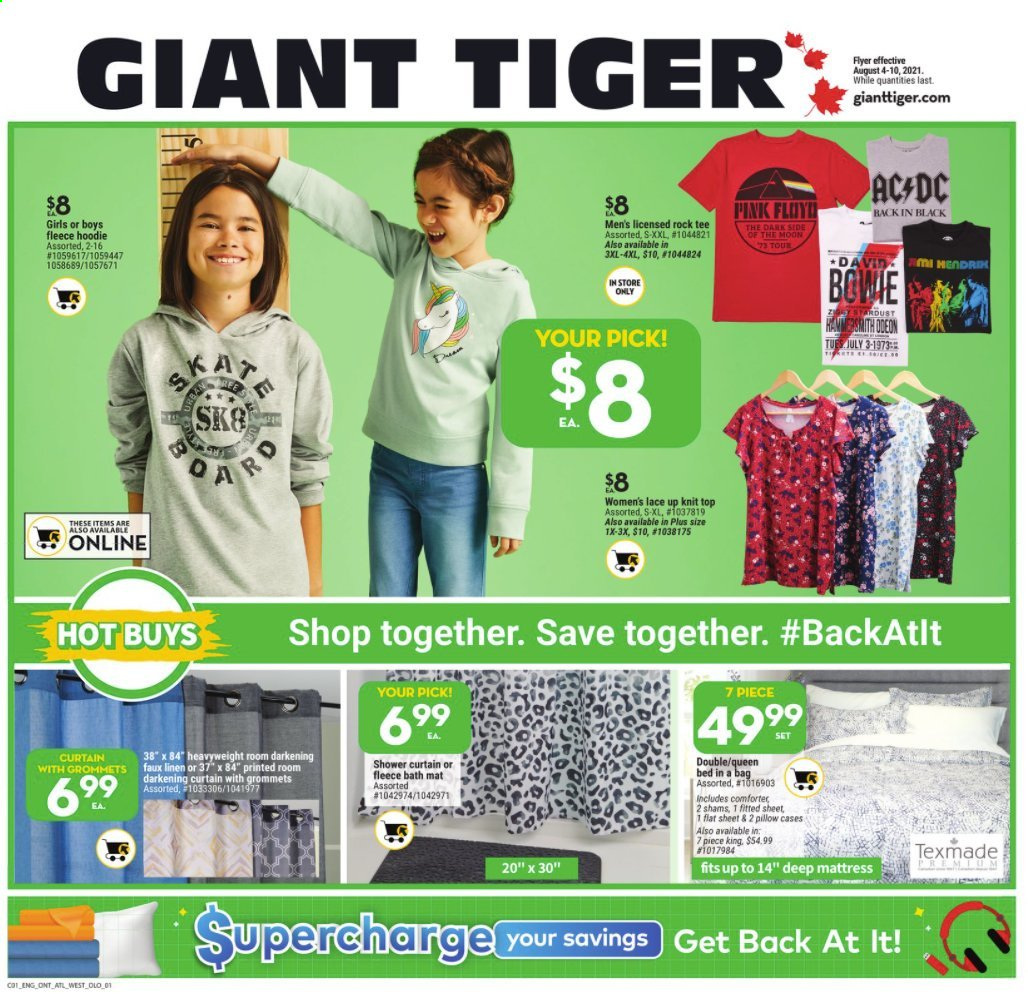 thumbnail - Giant Tiger Flyer - August 04, 2021 - August 10, 2021 - Sales products - shower curtain, comforter, linens, pillow, curtain, bath mat, bed, queen bed, mattress, hoodie. Page 1.