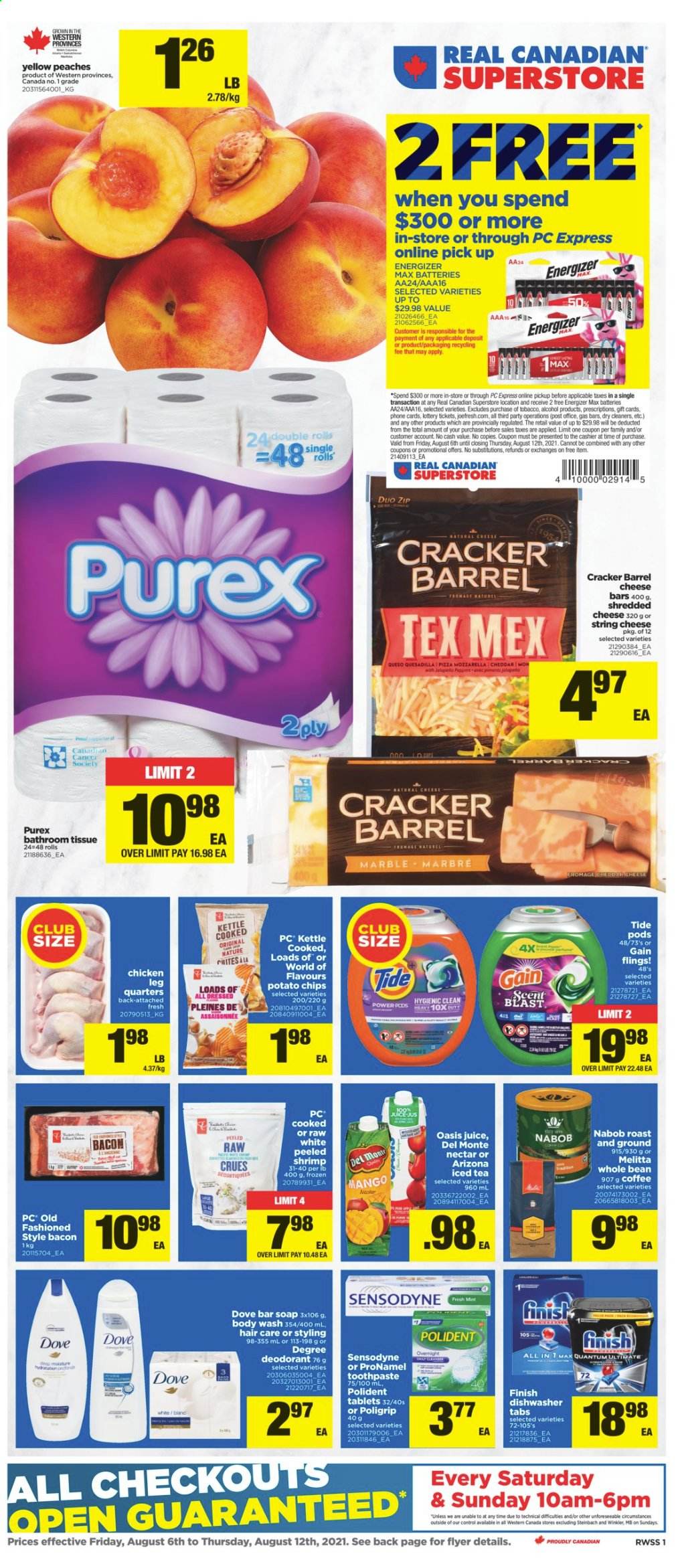 thumbnail - Real Canadian Superstore Flyer - August 06, 2021 - August 12, 2021 - Sales products - mango, peaches, pizza, bacon, shredded cheese, string cheese, crackers, potato chips, juice, ice tea, AriZona, coffee, alcohol, chicken legs, bath tissue, Gain, Tide, Purex, body wash, soap bar, soap, toothpaste, Polident, anti-perspirant, battery, Sensodyne, deodorant. Page 1.