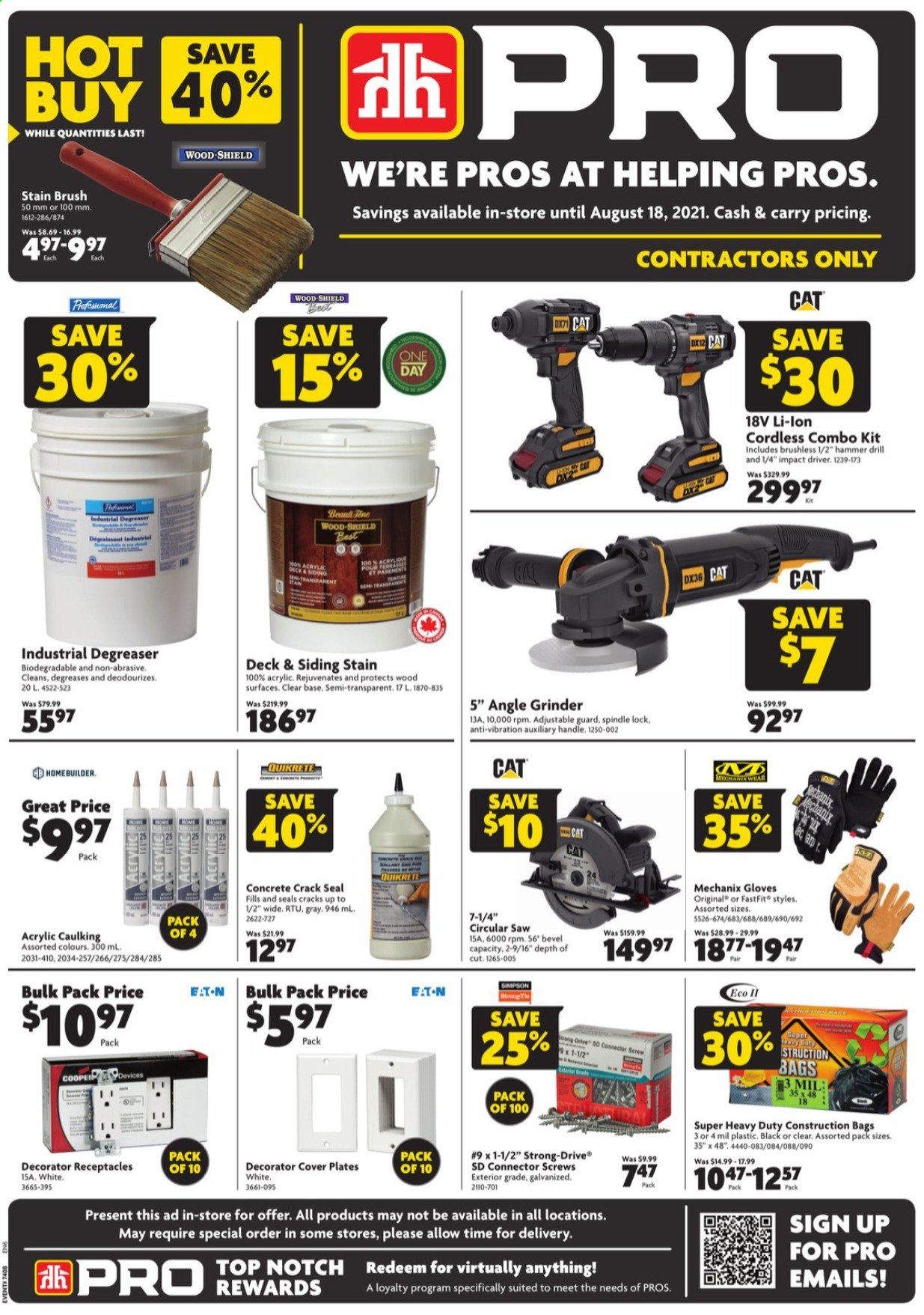 thumbnail - Home Hardware Flyer - August 05, 2021 - August 18, 2021 - Sales products - grinder, cordless combo kit, drill, impact driver, circular saw, saw, angle grinder, combo kit, bag, degreaser. Page 1.