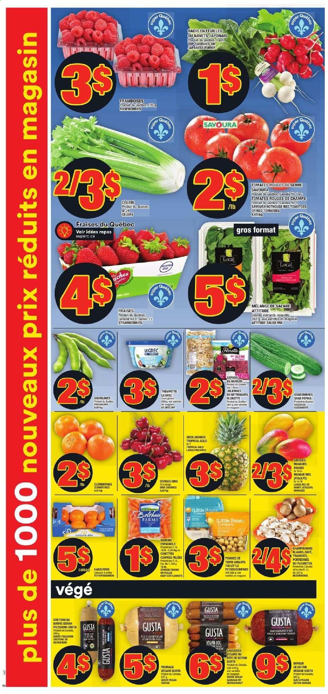 thumbnail - Super C Flyer - August 05, 2021 - August 11, 2021 - Sales products - beans, carrots, celery, cucumber, radishes, tomatoes, onion, salad, clementines, strawberries, pineapple, cherries, hamburger, sausage, cheese, dip. Page 3.