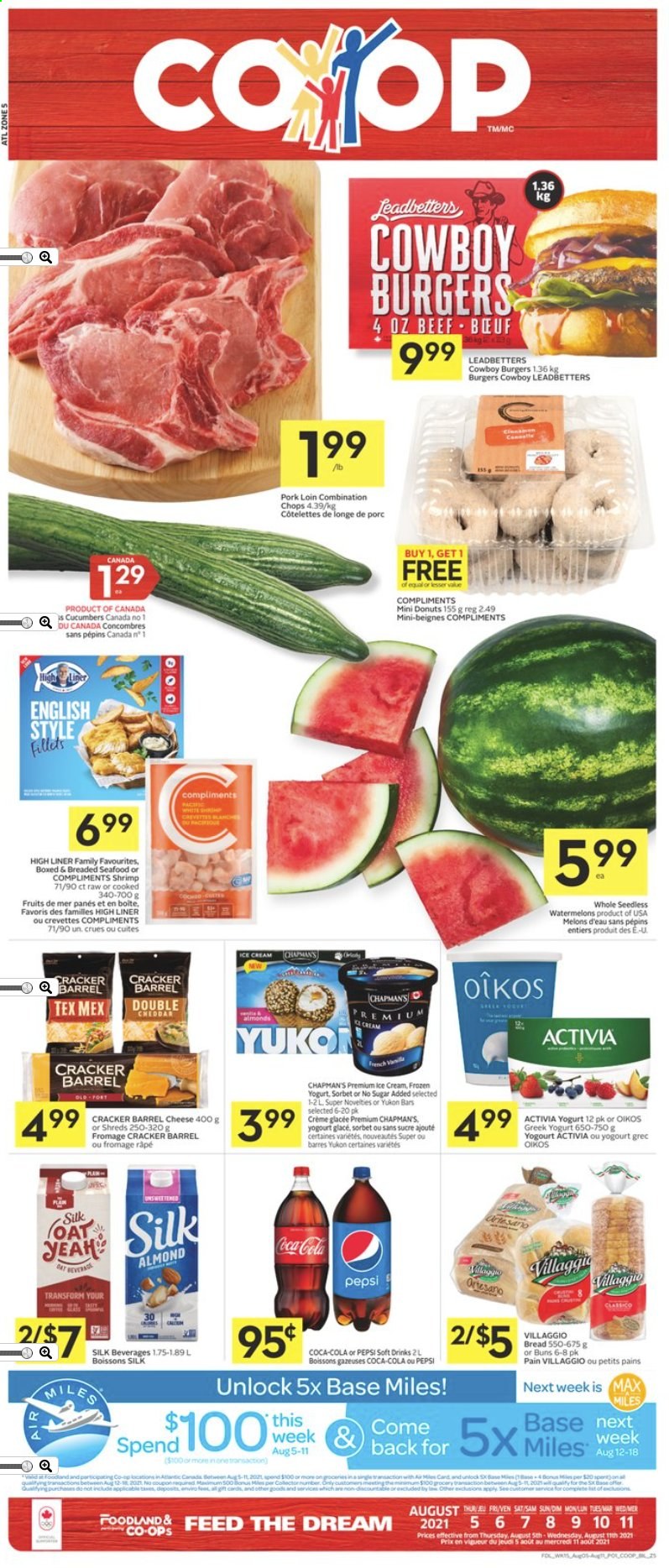 thumbnail - Co-op Flyer - August 05, 2021 - August 11, 2021 - Sales products - bread, buns, donut, cucumber, melons, seafood, shrimps, hamburger, cheddar, cheese, greek yoghurt, yoghurt, Activia, Oikos, Silk, ice cream, crackers, Coca-Cola, Pepsi, soft drink, pork loin, pork meat. Page 1.