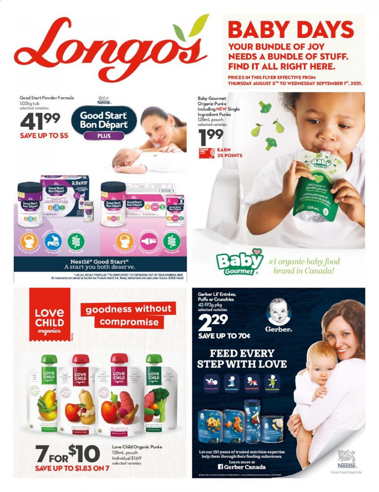 thumbnail - Longo's Flyer - August 05, 2021 - September 01, 2021 - Sales products - puffs, Gerber, Good Life, organic baby food, Joy, Nestlé. Page 1.