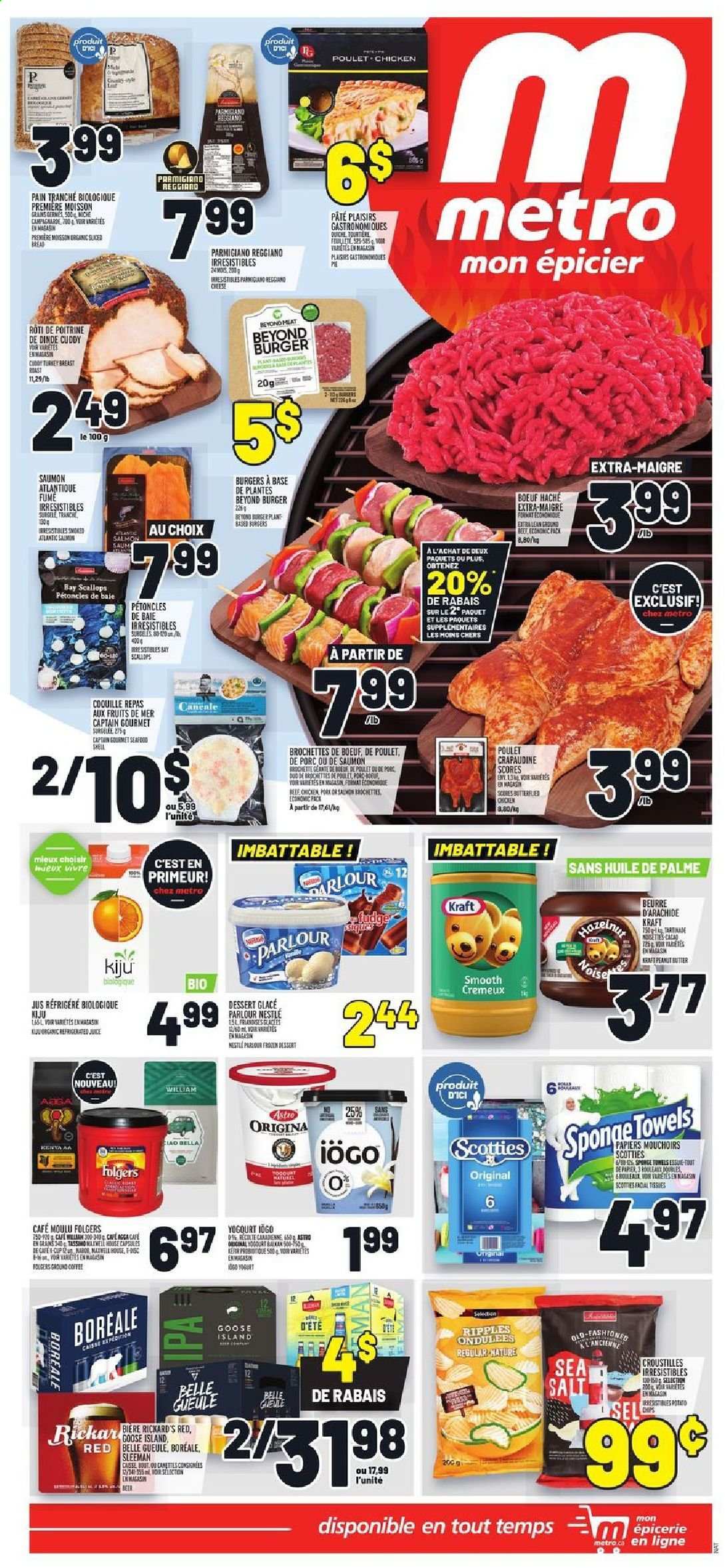 thumbnail - Metro Flyer - August 05, 2021 - August 11, 2021 - Sales products - pie, Bella, salmon, scallops, seafood, hamburger, Kraft®, cheese, Parmigiano Reggiano, quiche, fudge, juice, coffee, Folgers, ground coffee, beer, IPA, sponge, cup, towel, PREMIERE, Nestlé, chips. Page 1.