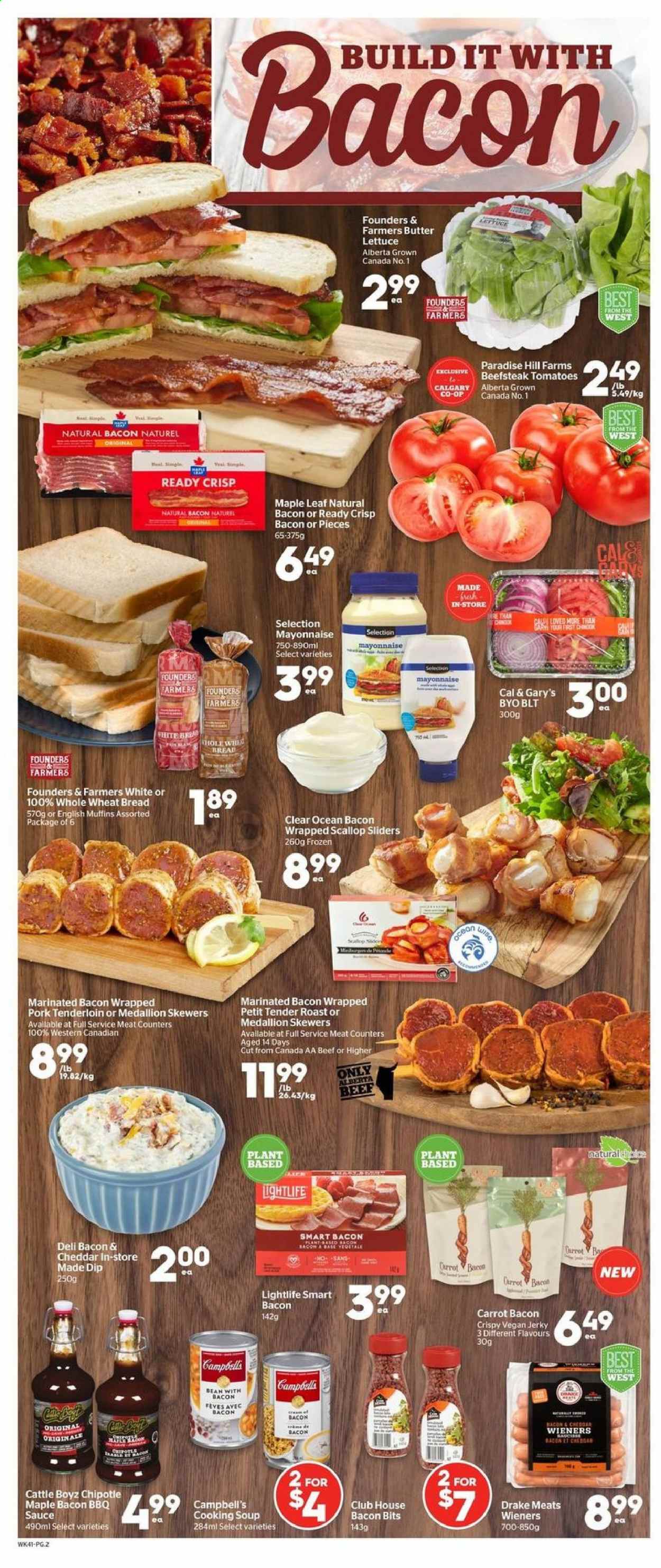 thumbnail - Calgary Co-op Flyer - August 12, 2021 - August 18, 2021 - Sales products - english muffins, wheat bread, butter lettuce, tomatoes, lettuce, scallops, Campbell's, soup, sauce, jerky, cheese, mayonnaise, dip, bacon bits, BBQ sauce, pork meat, pork tenderloin. Page 2.