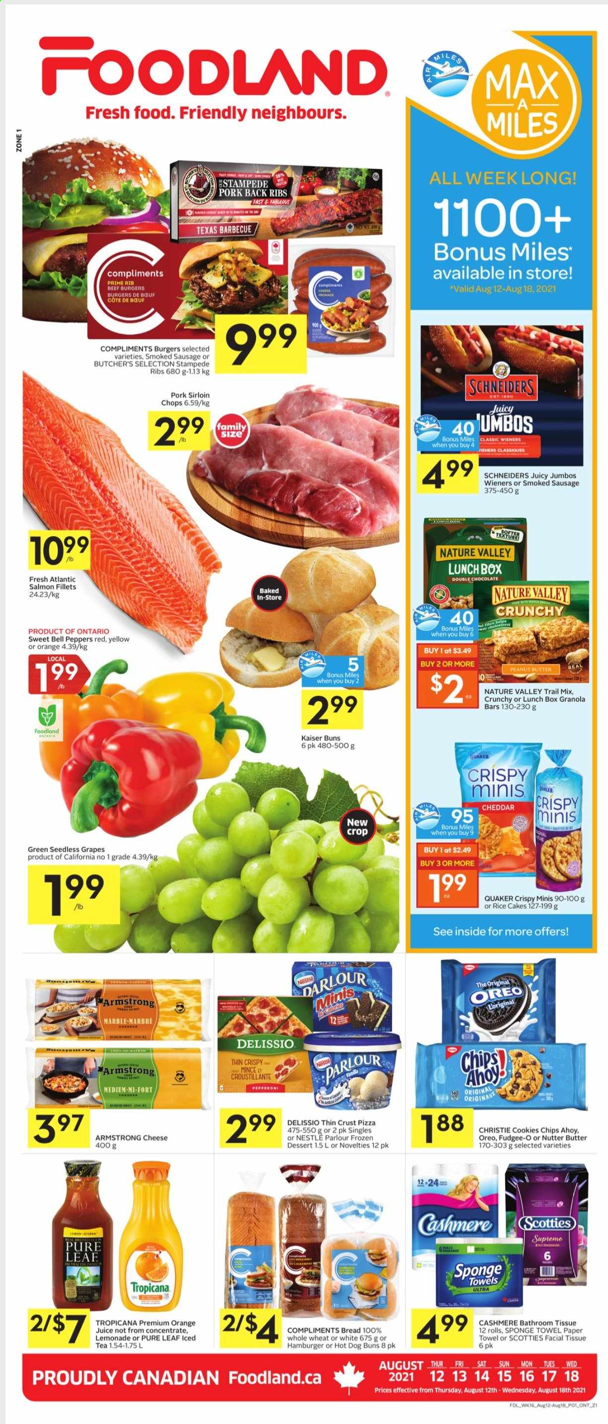 thumbnail - Foodland Flyer - August 12, 2021 - August 18, 2021 - Sales products - bread, buns, bell peppers, peppers, grapes, seedless grapes, salmon, salmon fillet, pizza, Quaker, beef burger, sausage, smoked sausage, pepperoni, cookies, chocolate, granola bar, Nature Valley, peanut butter, trail mix, lemonade, orange juice, juice, ice tea, Pure Leaf, pork loin, pork meat, pork ribs, pork back ribs, Oreo, Nestlé. Page 1.