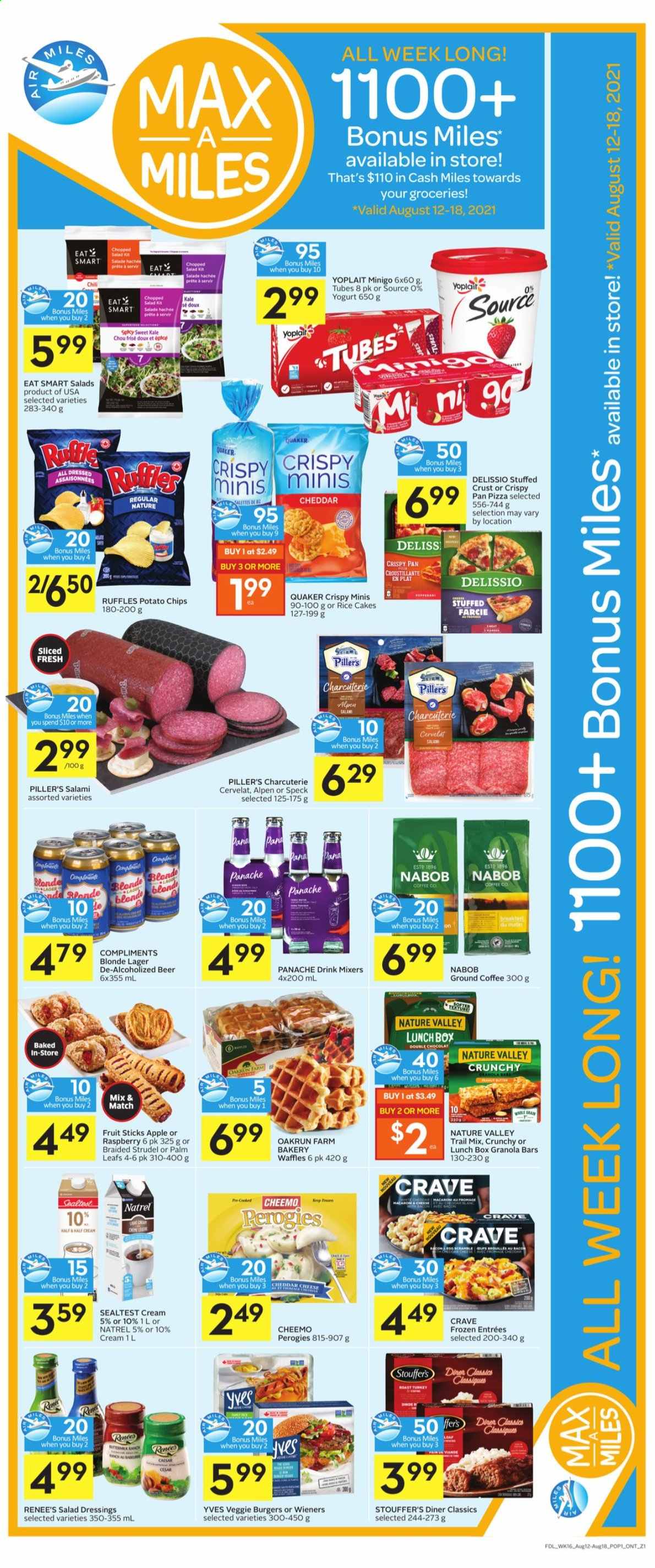 thumbnail - Foodland Flyer - August 12, 2021 - August 18, 2021 - Sales products - strudel, waffles, kale, chopped salad, pizza, Quaker, veggie burger, salami, yoghurt, Yoplait, Stouffer's, potato chips, Ruffles, granola bar, Nature Valley, salad dressing, trail mix, coffee, ground coffee, beer, Lager. Page 2.