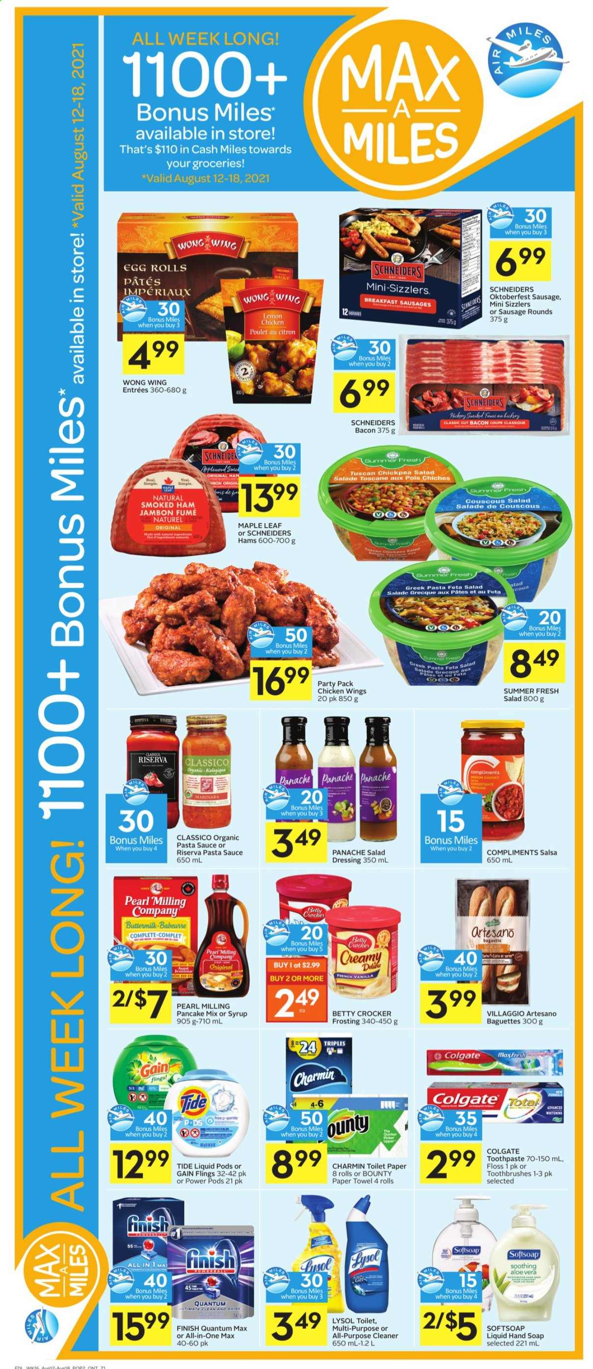 thumbnail - Foodland Flyer - August 12, 2021 - August 18, 2021 - Sales products - salad, pasta sauce, egg rolls, pancakes, bacon, ham, smoked ham, sausage, feta, buttermilk, chicken wings, Bounty, frosting, dressing, salsa, Classico. Page 3.