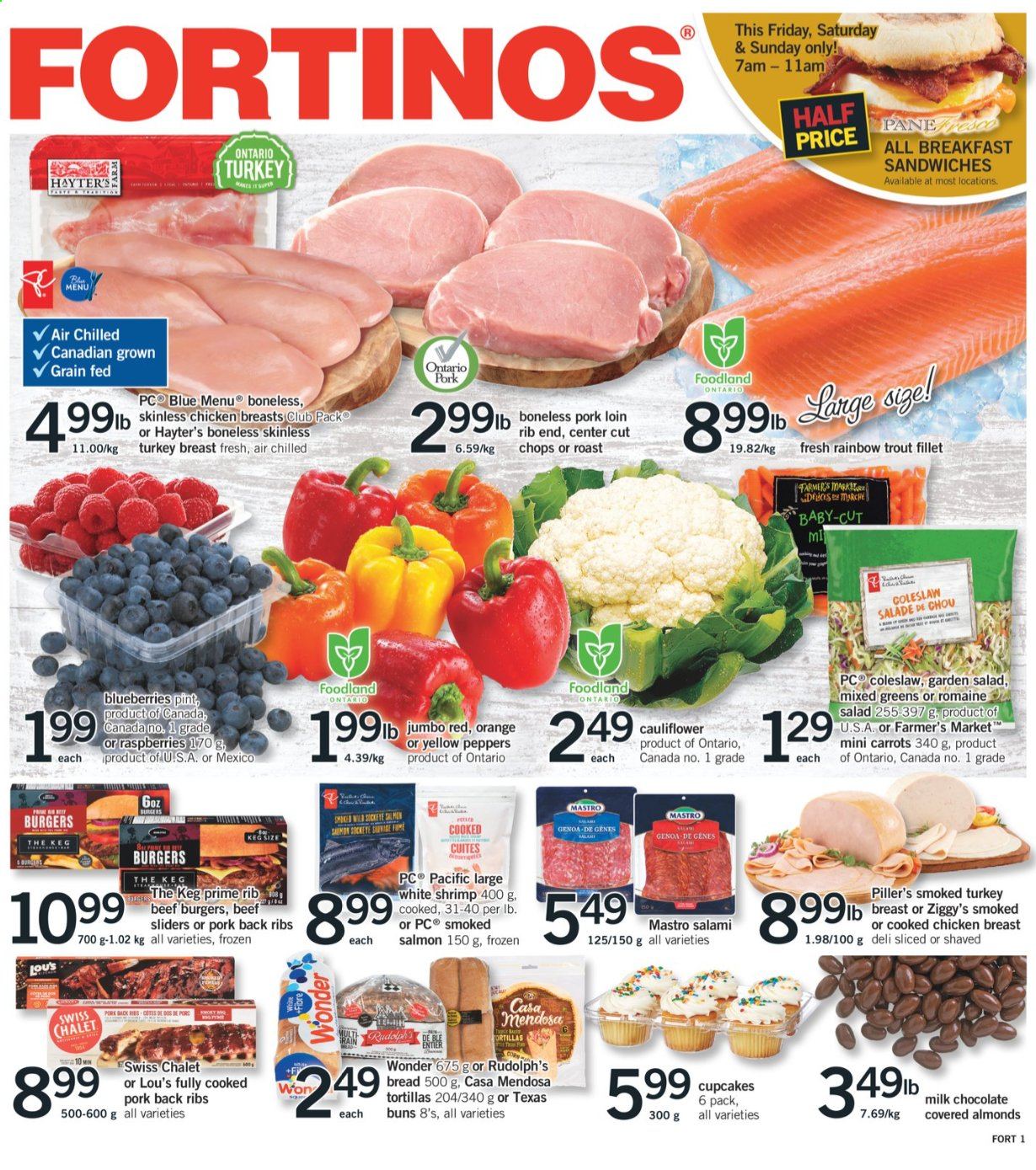 thumbnail - Fortinos Flyer - August 12, 2021 - August 18, 2021 - Sales products - bread, tortillas, buns, cupcake, carrots, cauliflower, peppers, blueberries, salmon, smoked salmon, trout, shrimps, coleslaw, hamburger, beef burger, salami, milk chocolate, almonds, turkey breast, chicken breasts, chicken, turkey, pork loin, pork meat, pork ribs, pork back ribs. Page 1.