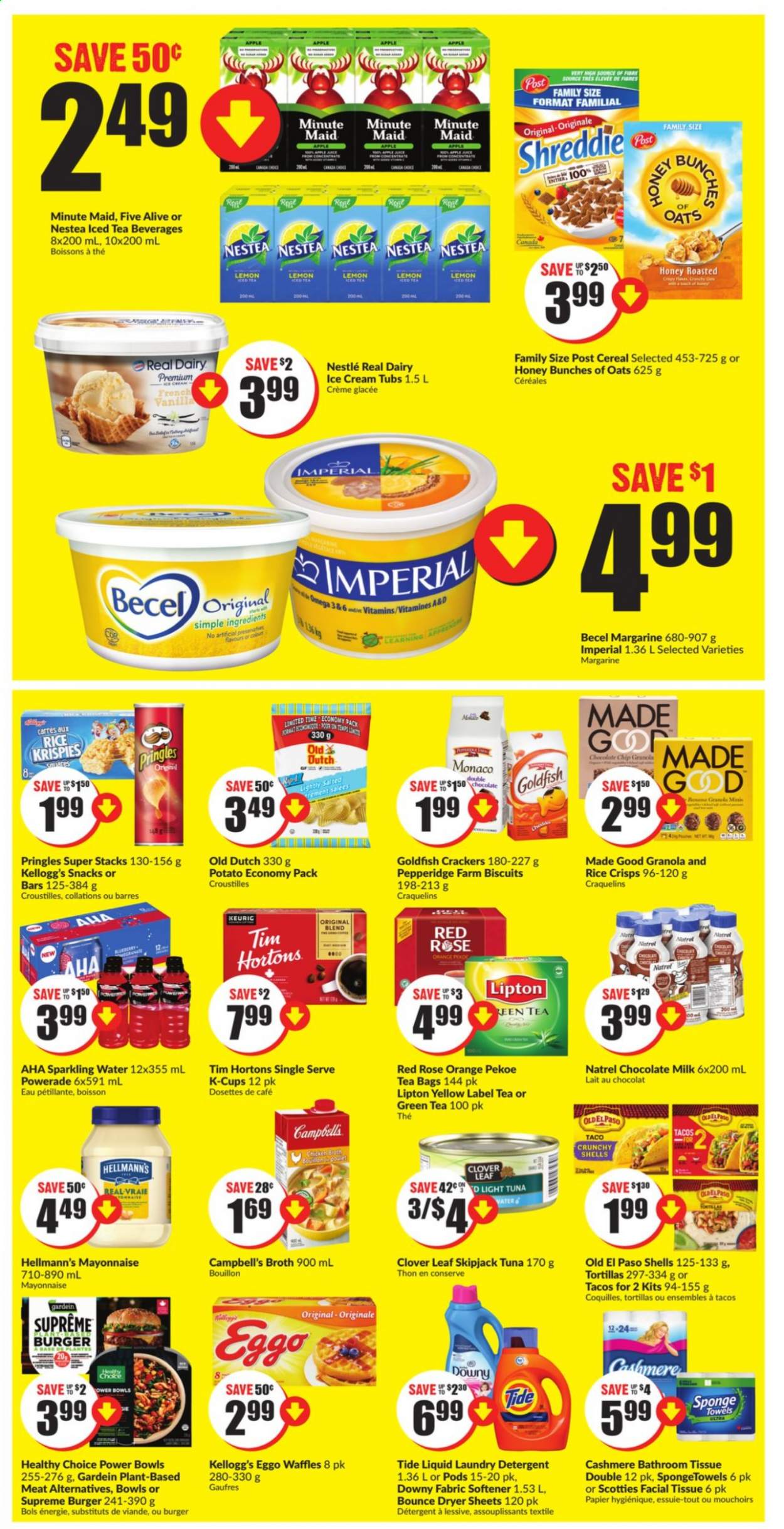 thumbnail - FreshCo. Flyer - August 12, 2021 - August 18, 2021 - Sales products - tortillas, Old El Paso, tacos, waffles, potatoes, tuna, Campbell's, hamburger, Healthy Choice, Clover, milk, margarine, mayonnaise, Hellmann’s, milk chocolate, snack, crackers, Kellogg's, biscuit, Pringles, Goldfish, rice crisps, bouillon, broth, light tuna, cereals, rice, Powerade, fruit punch, sparkling water, green tea, tea bags, coffee capsules, K-Cups, wine, rosé wine, Nestlé, granola. Page 4.