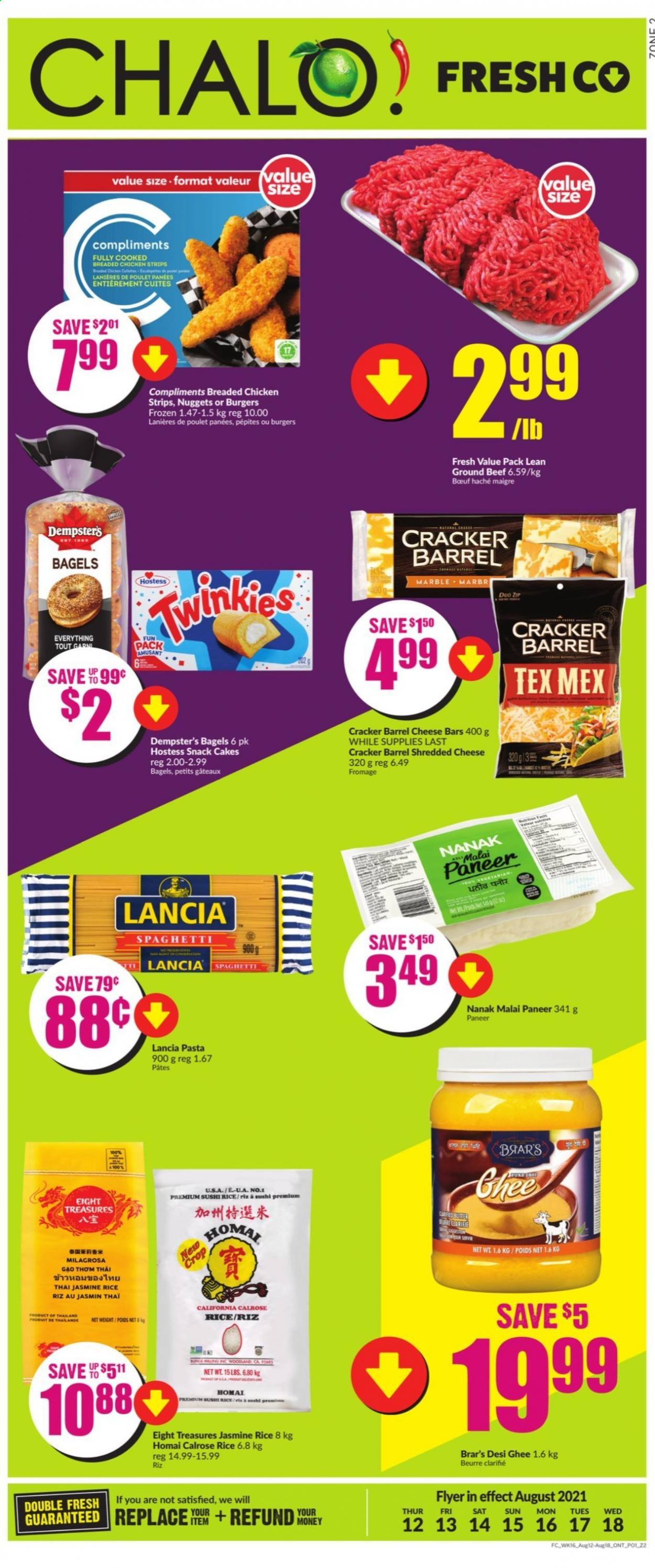 thumbnail - Chalo! FreshCo. Flyer - August 12, 2021 - August 18, 2021 - Sales products - bagels, cake, spaghetti, nuggets, pasta, fried chicken, shredded cheese, paneer, ghee, strips, chicken strips, snack, crackers, rice, jasmine rice, honey, beef meat, ground beef. Page 1.