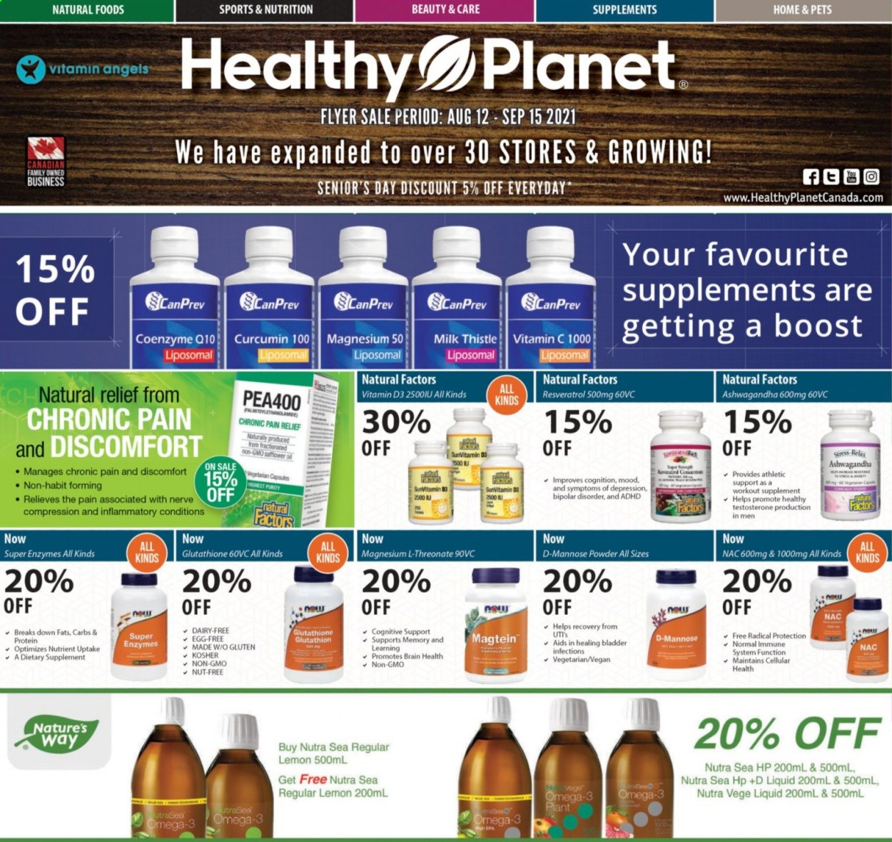 thumbnail - Healthy Planet Flyer - August 12, 2021 - September 15, 2021 - Sales products - Boost, pain relief, magnesium, vitamin c, Omega-3, vitamin D3, dietary supplement. Page 1.